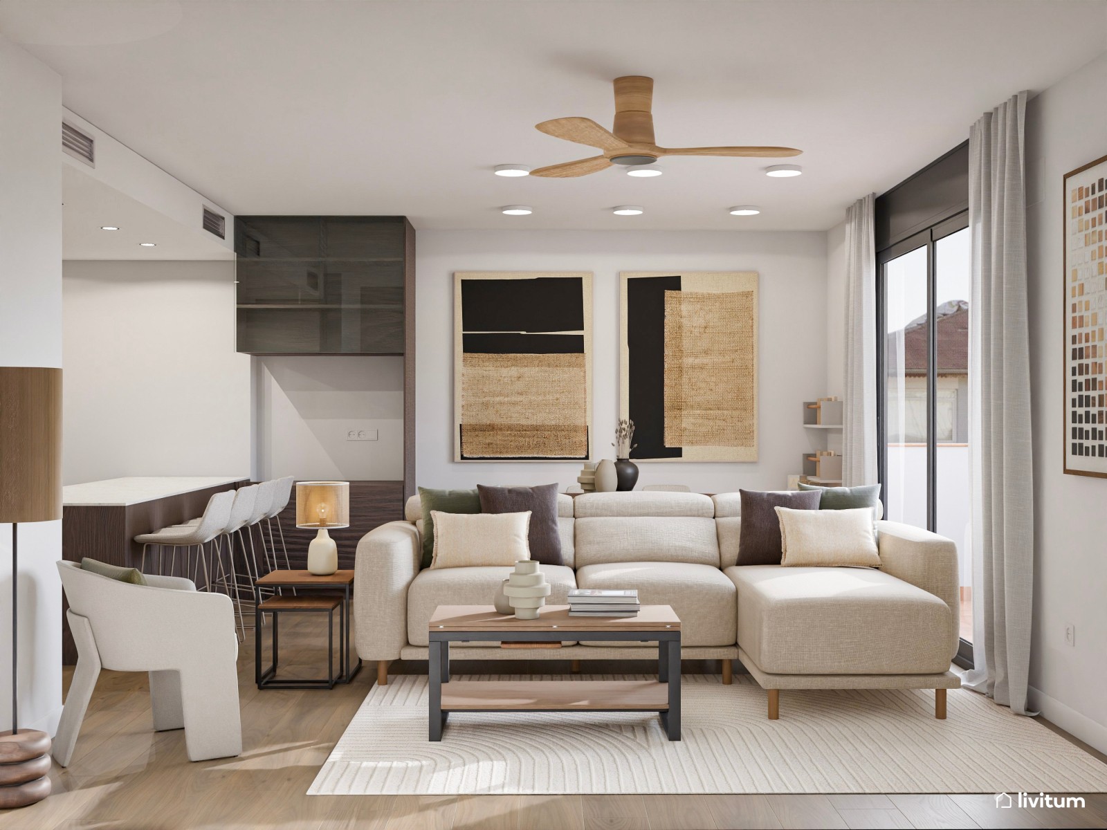 Salón comedor con cocina abierta en blanco con madera oscura
