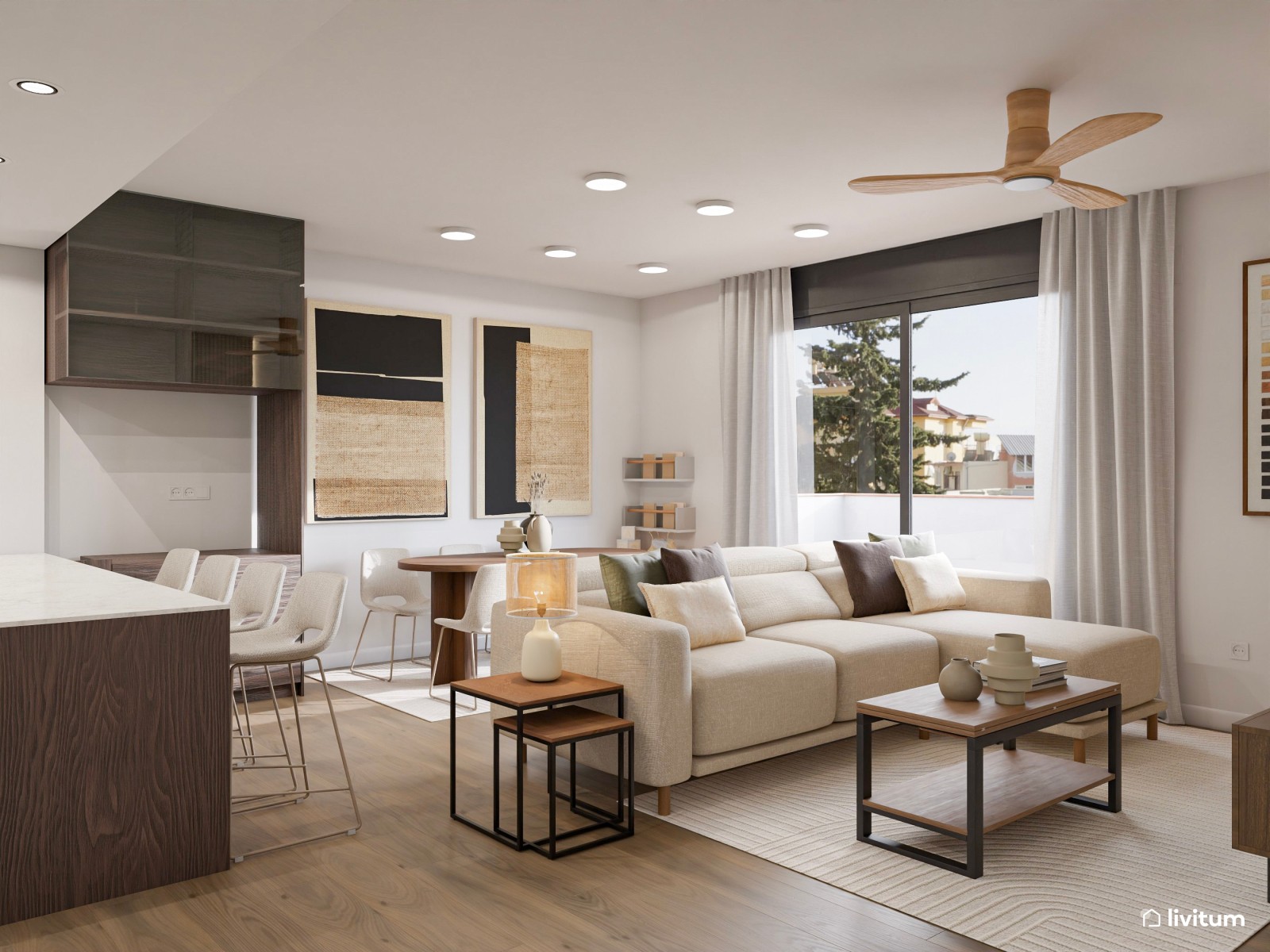 Salón comedor con cocina abierta en blanco con madera oscura
