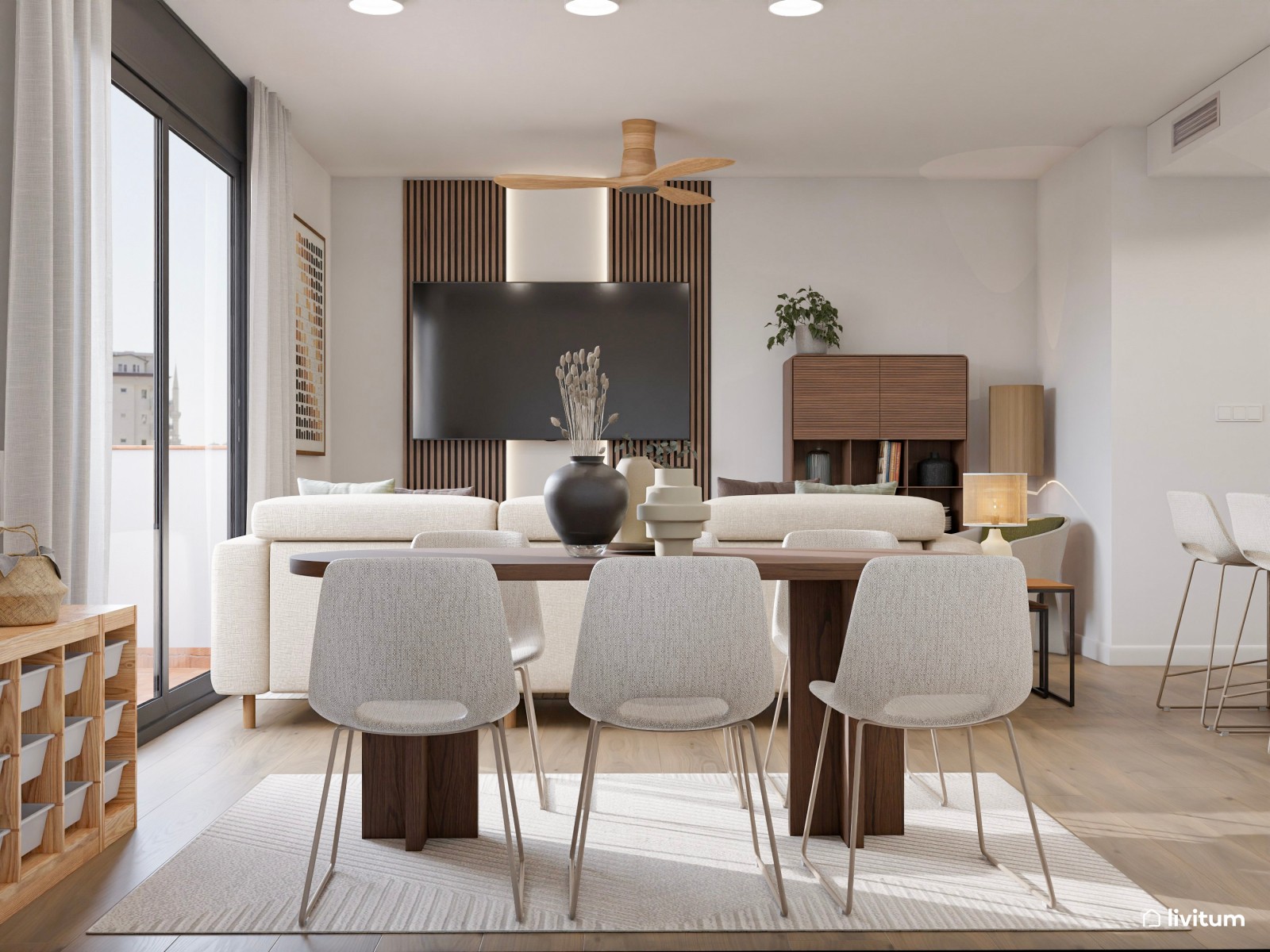 Salón comedor con cocina abierta en blanco con madera oscura
