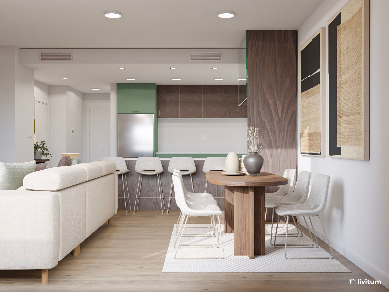 Salón comedor con cocina abierta en blanco con madera oscura