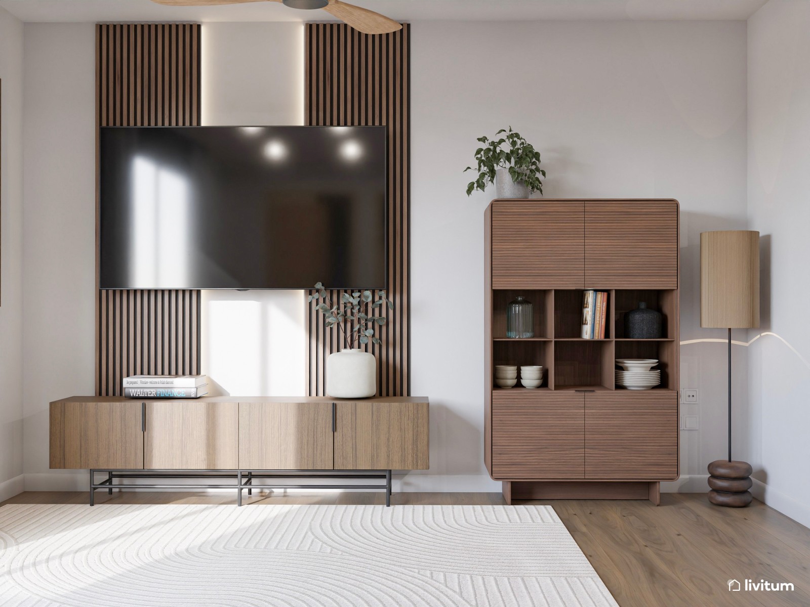 Salón comedor con cocina abierta en blanco con madera oscura