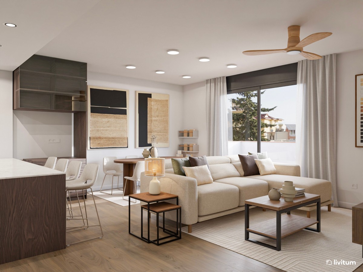 Salón comedor con cocina abierta en blanco con madera oscura