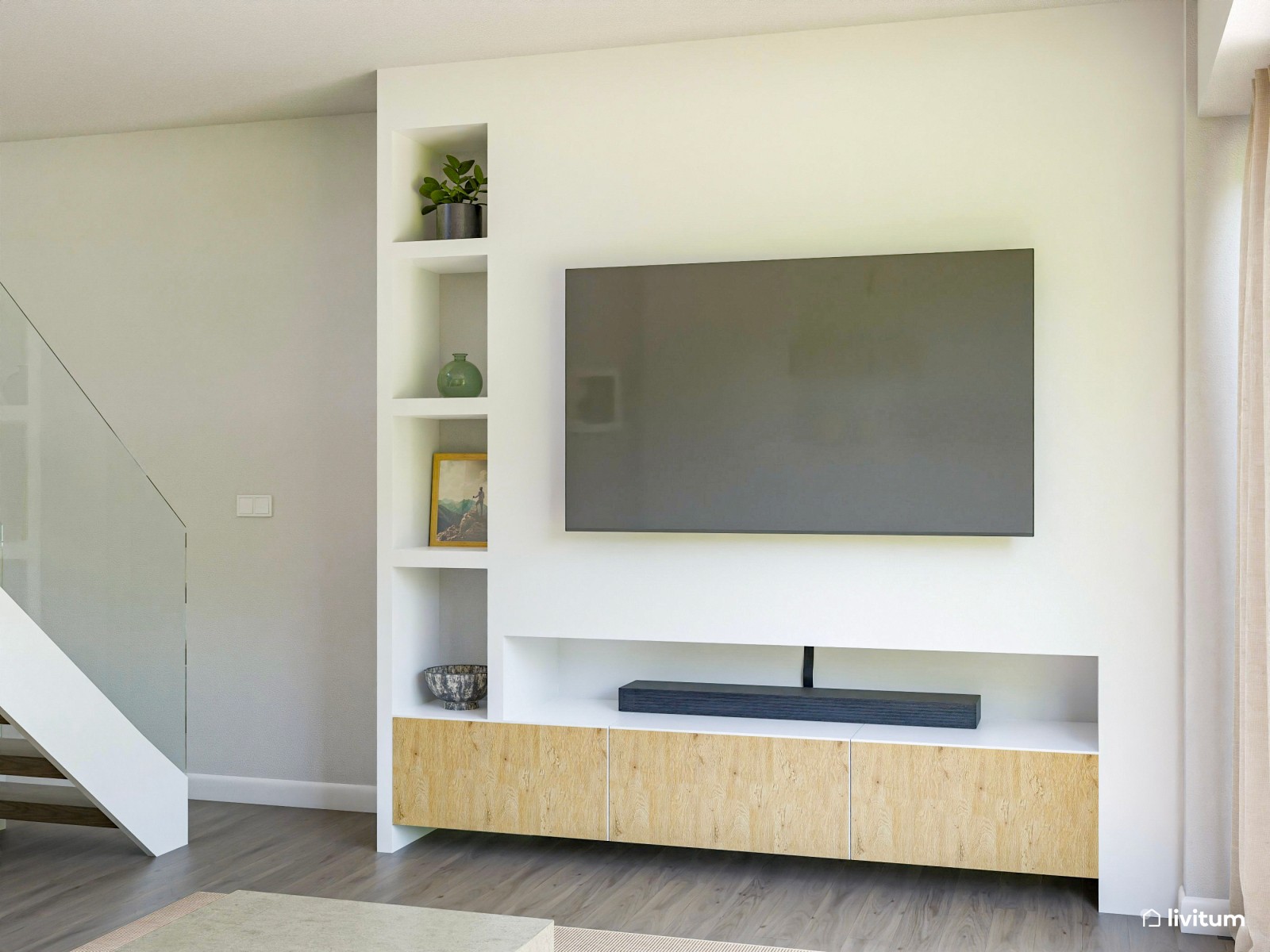 Salón comedor con cocina abierta en blanco y acentos en verde