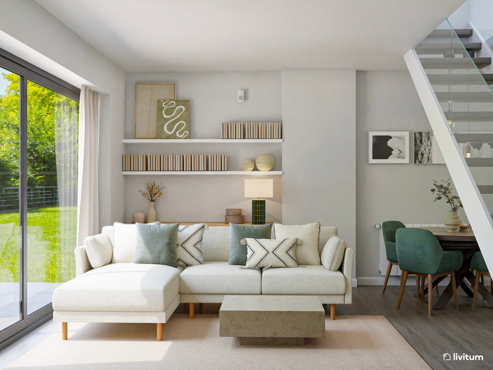 Salón comedor con cocina abierta en blanco y acentos en verde