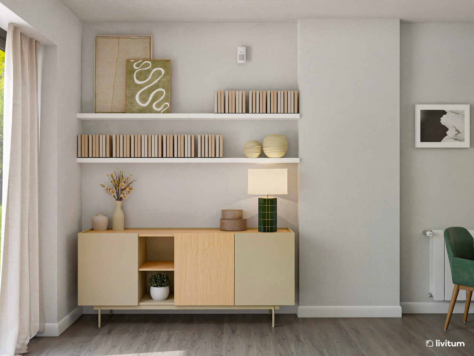 Salón comedor con cocina abierta en blanco y acentos en verde