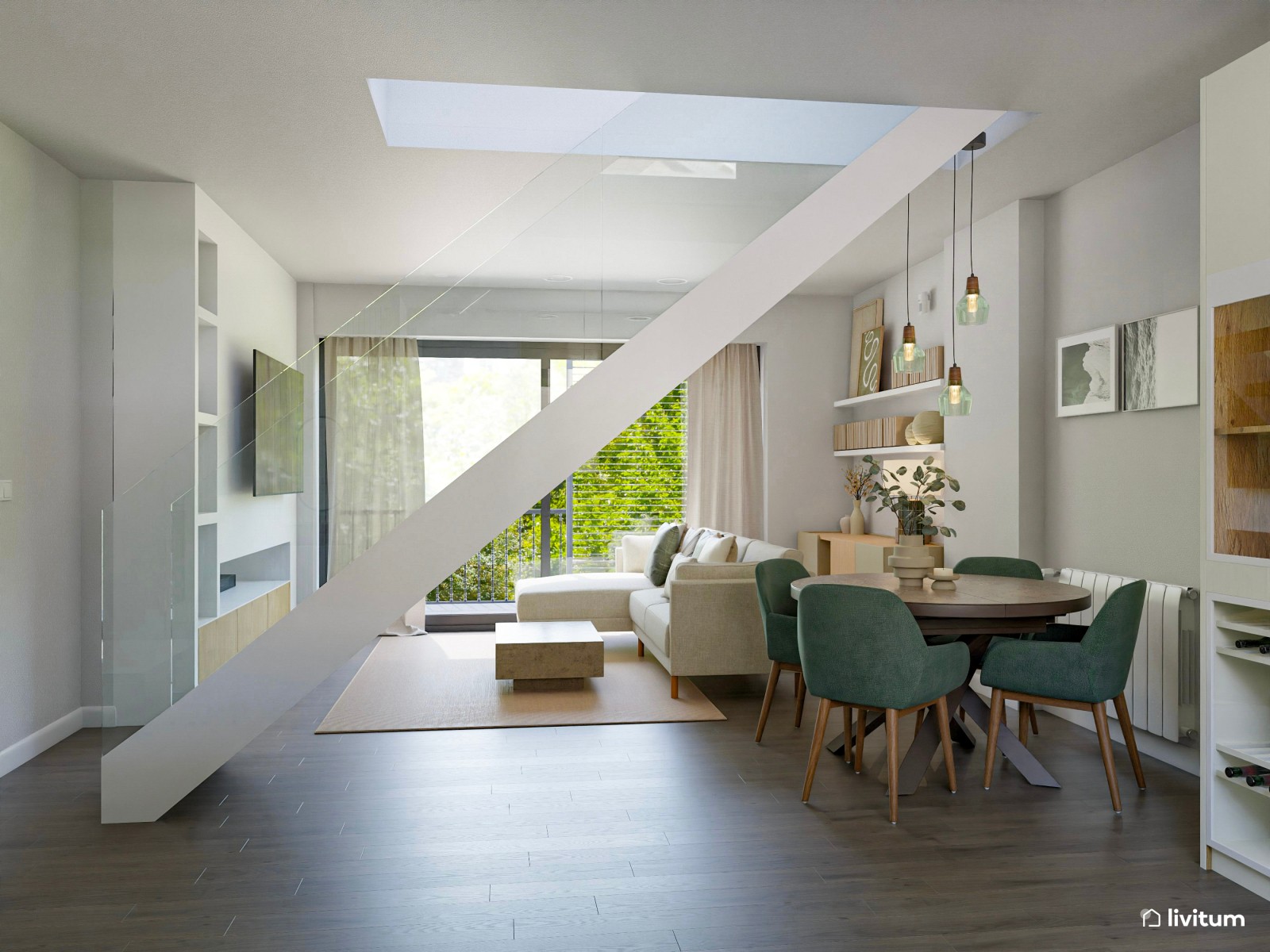 Salón comedor con cocina abierta en blanco y acentos en verde