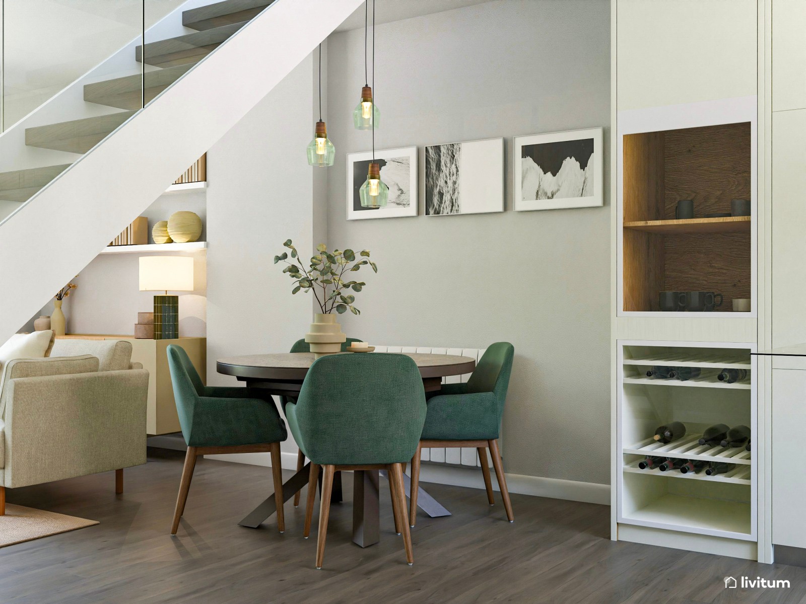 Salón comedor con cocina abierta en blanco y acentos en verde