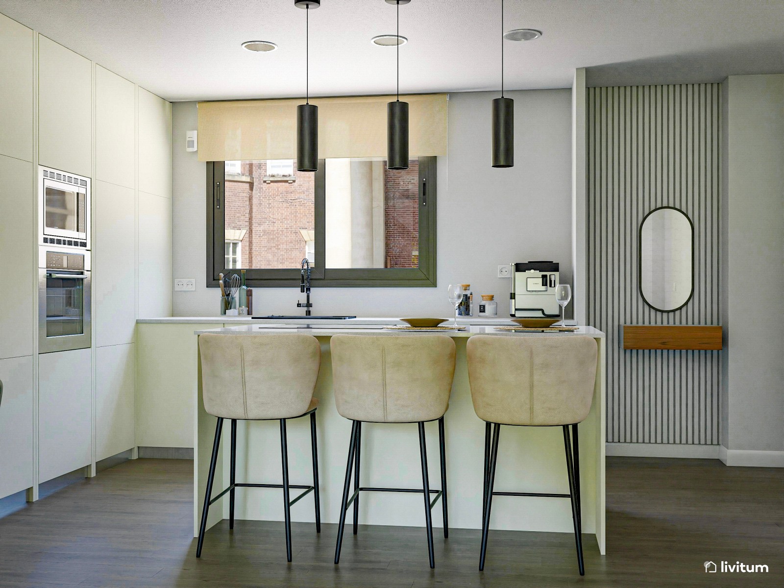 Salón comedor con cocina abierta en blanco y acentos en verde