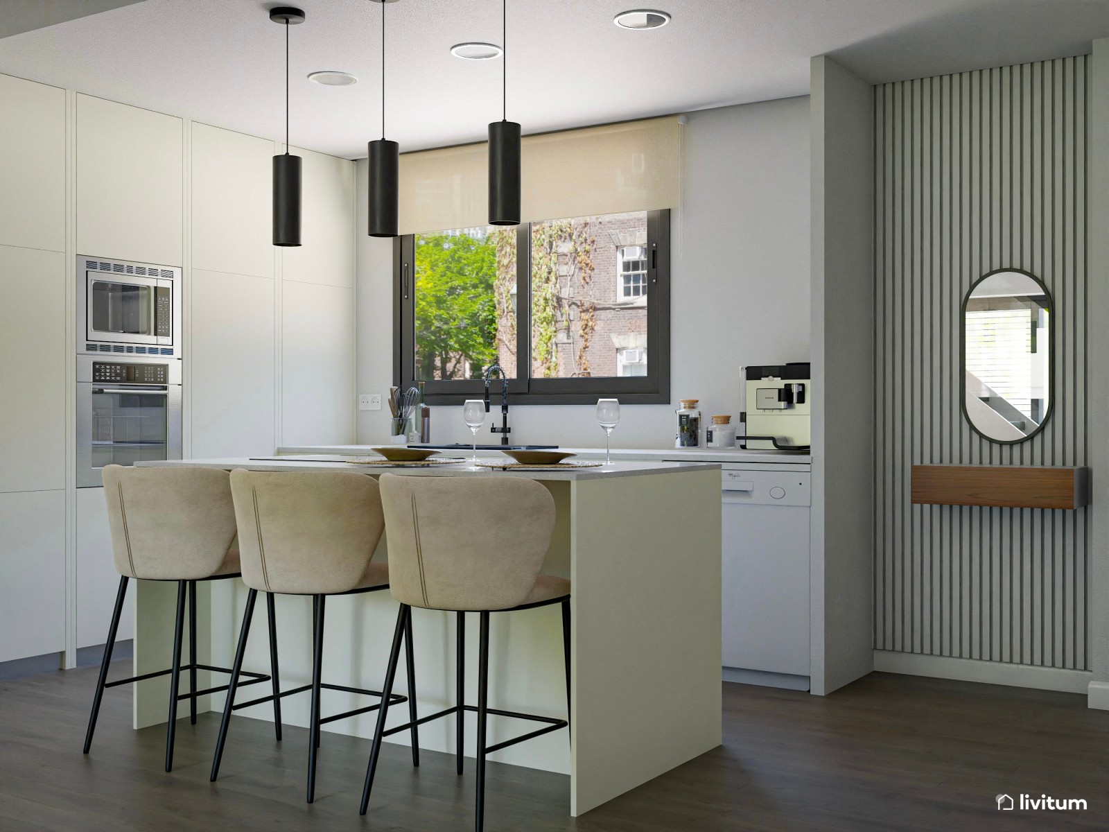 Salón comedor con cocina abierta en blanco y acentos en verde