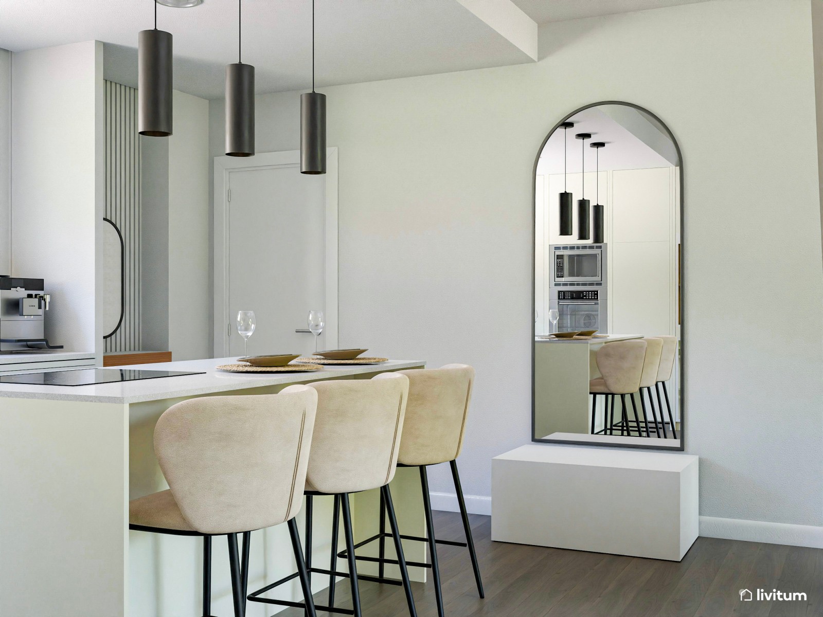 Salón comedor con cocina abierta en blanco y acentos en verde