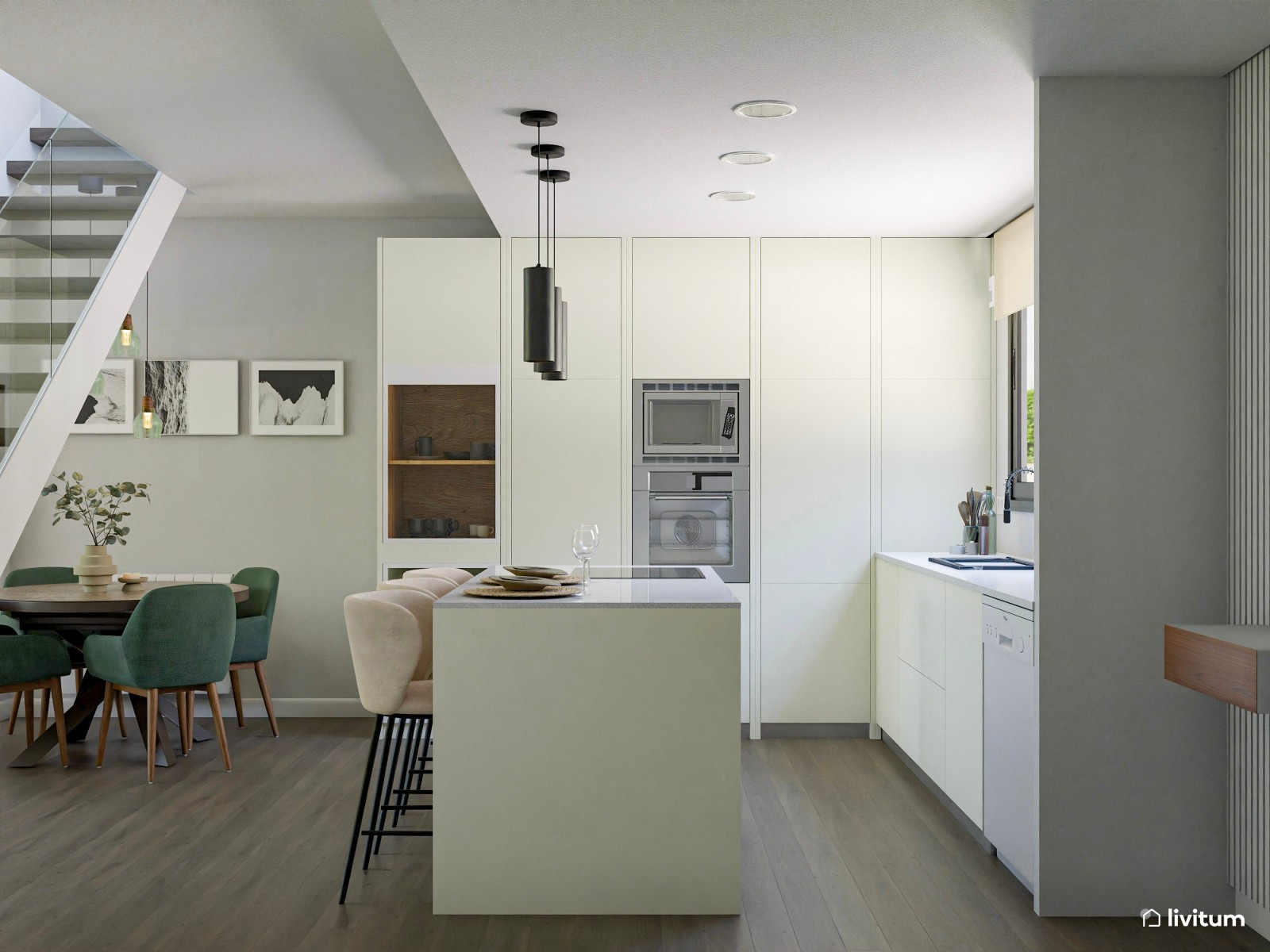 Salón comedor con cocina abierta en blanco y acentos en verde