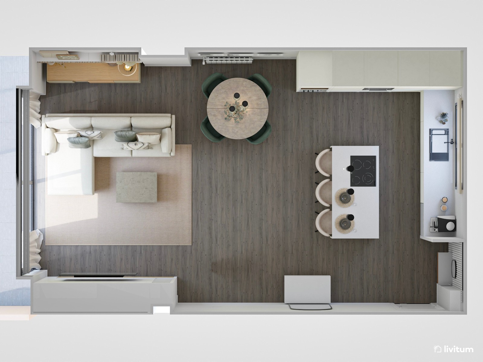 Salón comedor con cocina abierta en blanco y acentos en verde