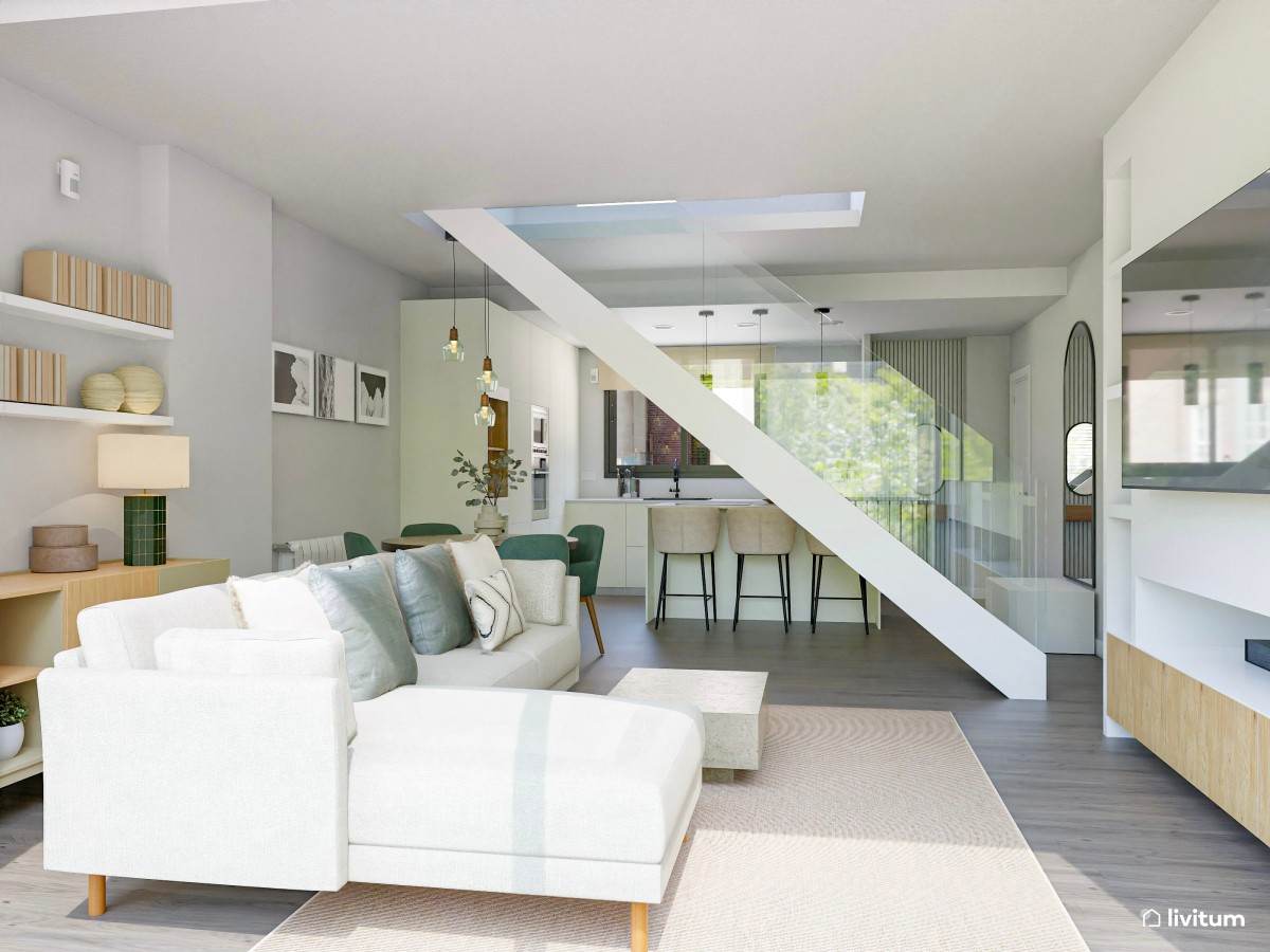 Salón comedor con cocina abierta en blanco y acentos en verde