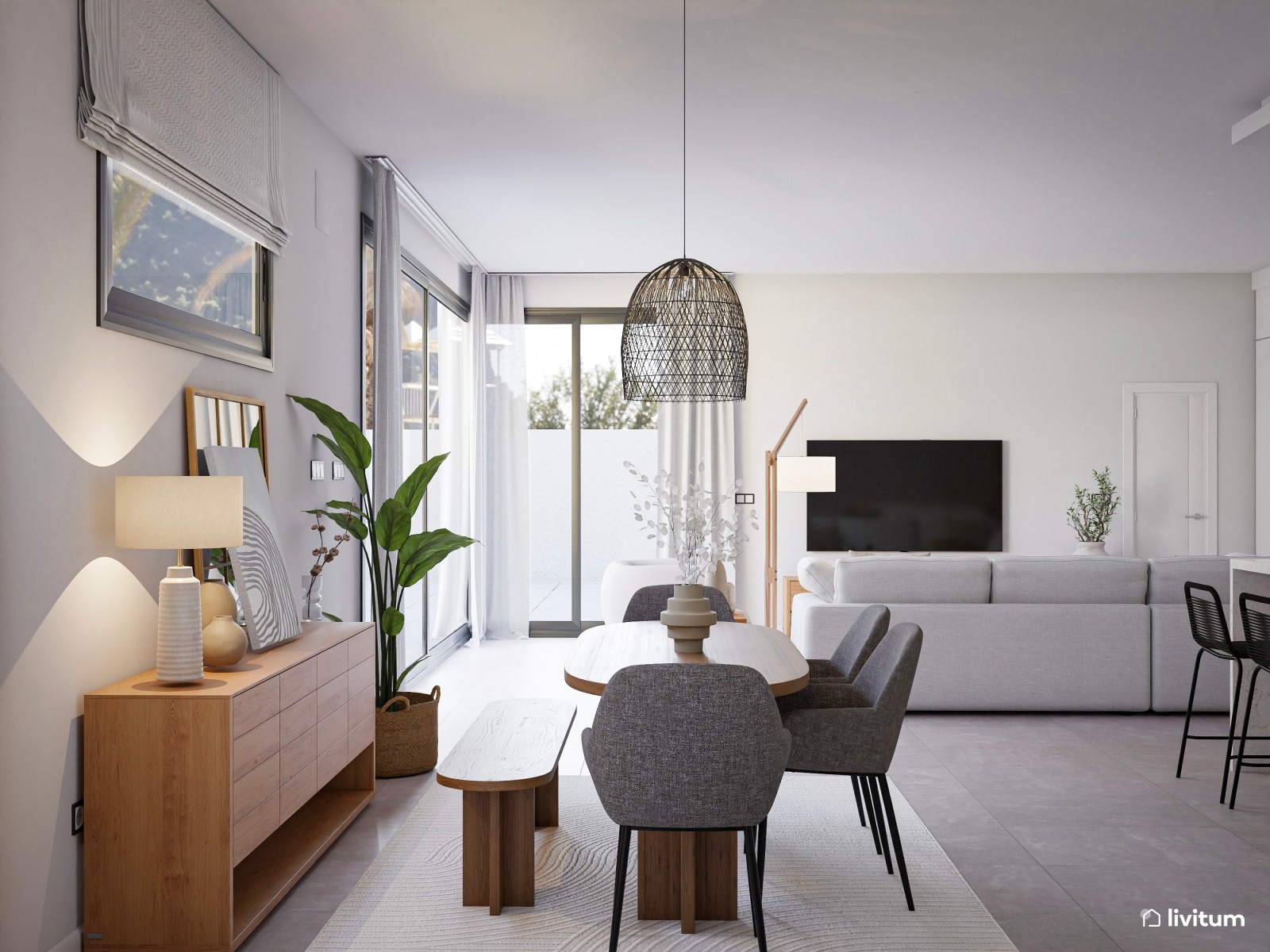 Salón comedor con cocina abierta en madera, blanco y gris