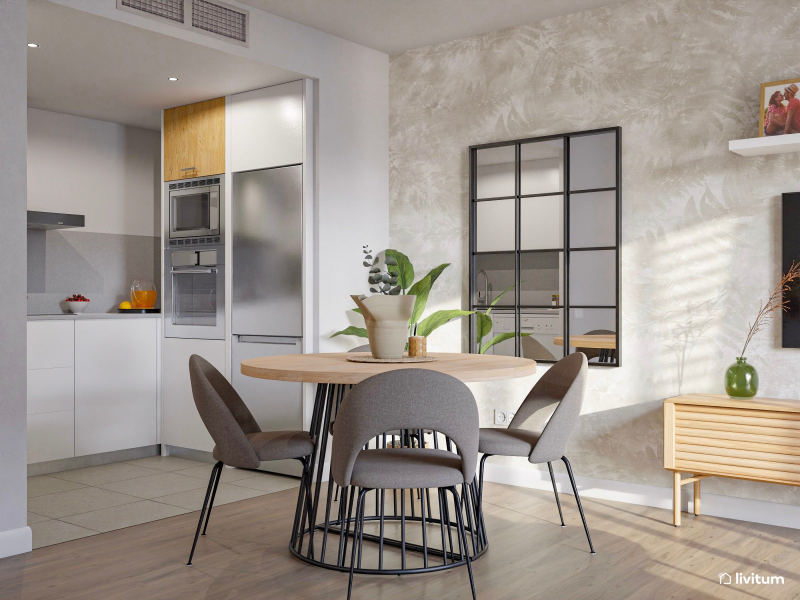 Salón comedor con cocina abierta en tonos neutros y detalles en negro