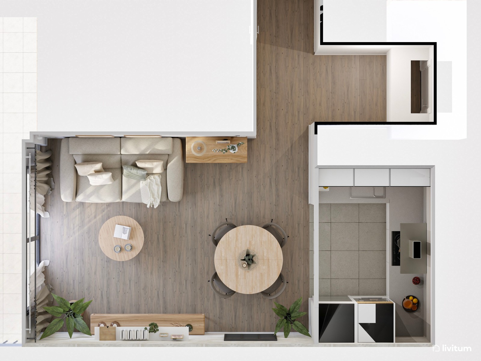 Salón comedor con cocina abierta en tonos neutros y detalles en negro