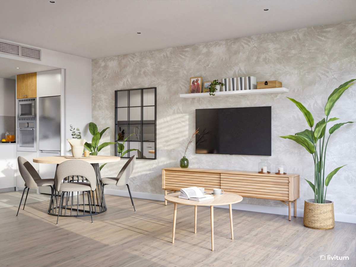 Salón comedor con cocina abierta en tonos neutros y detalles en negro