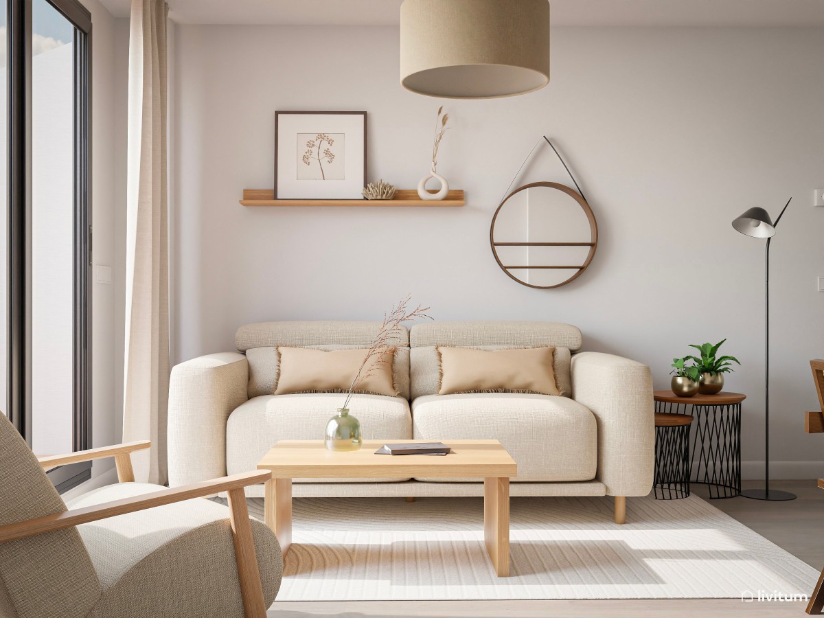 Salón comedor con cocina abierta en tonos neutros