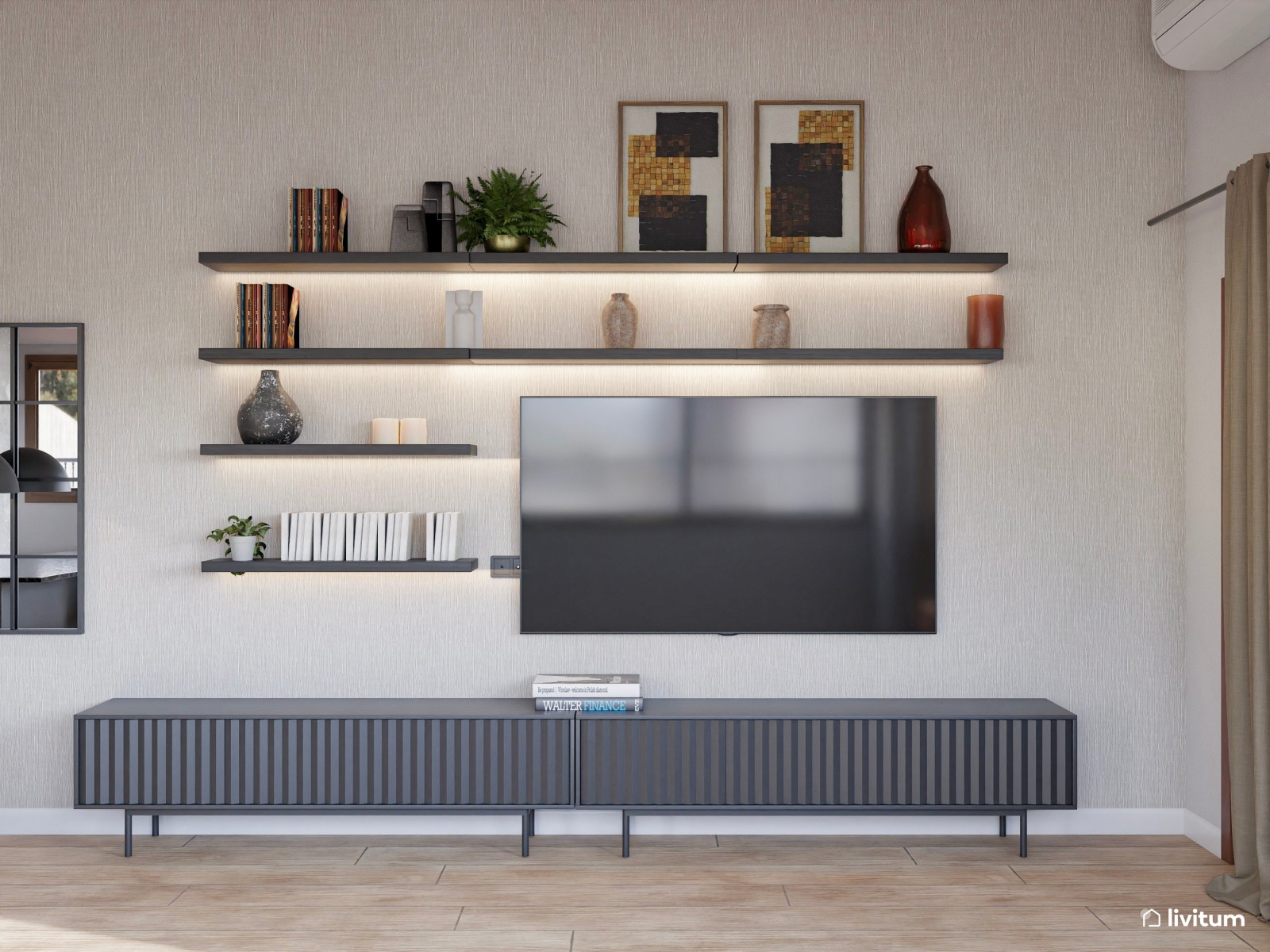 Salón comedor con cocina abierta negra de estilo industrial