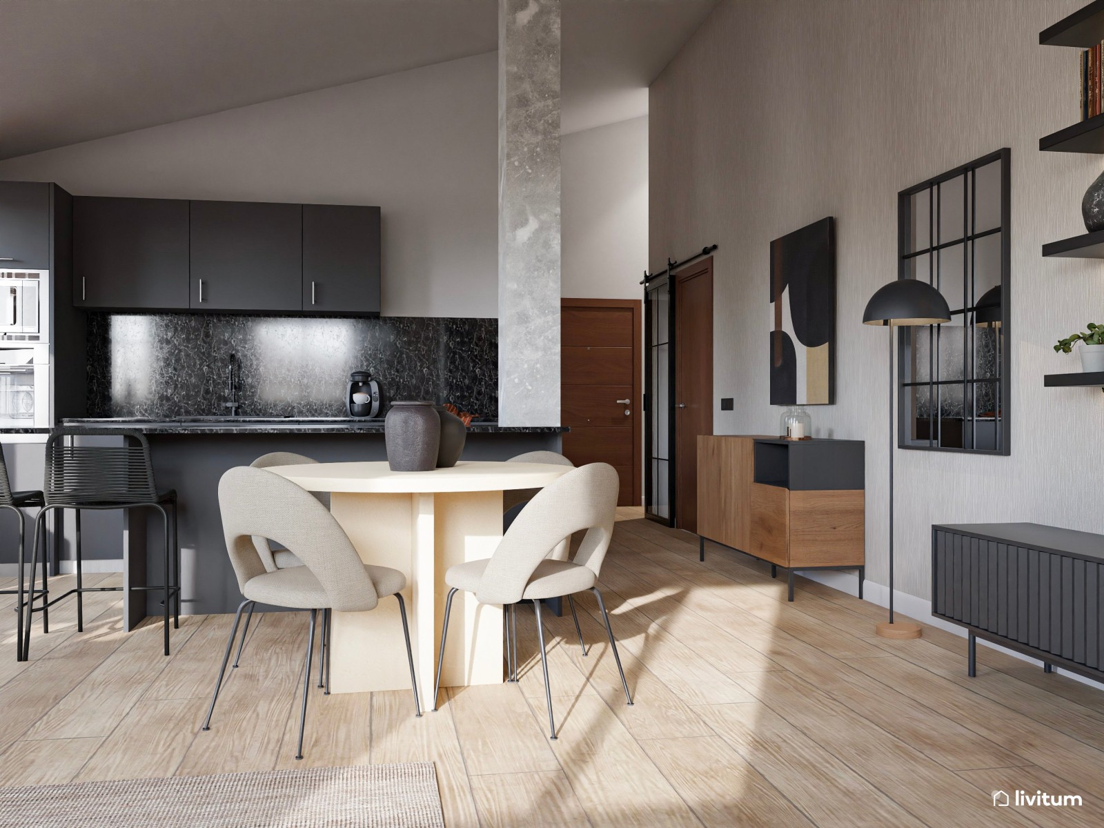 Salón comedor con cocina abierta negra de estilo industrial
