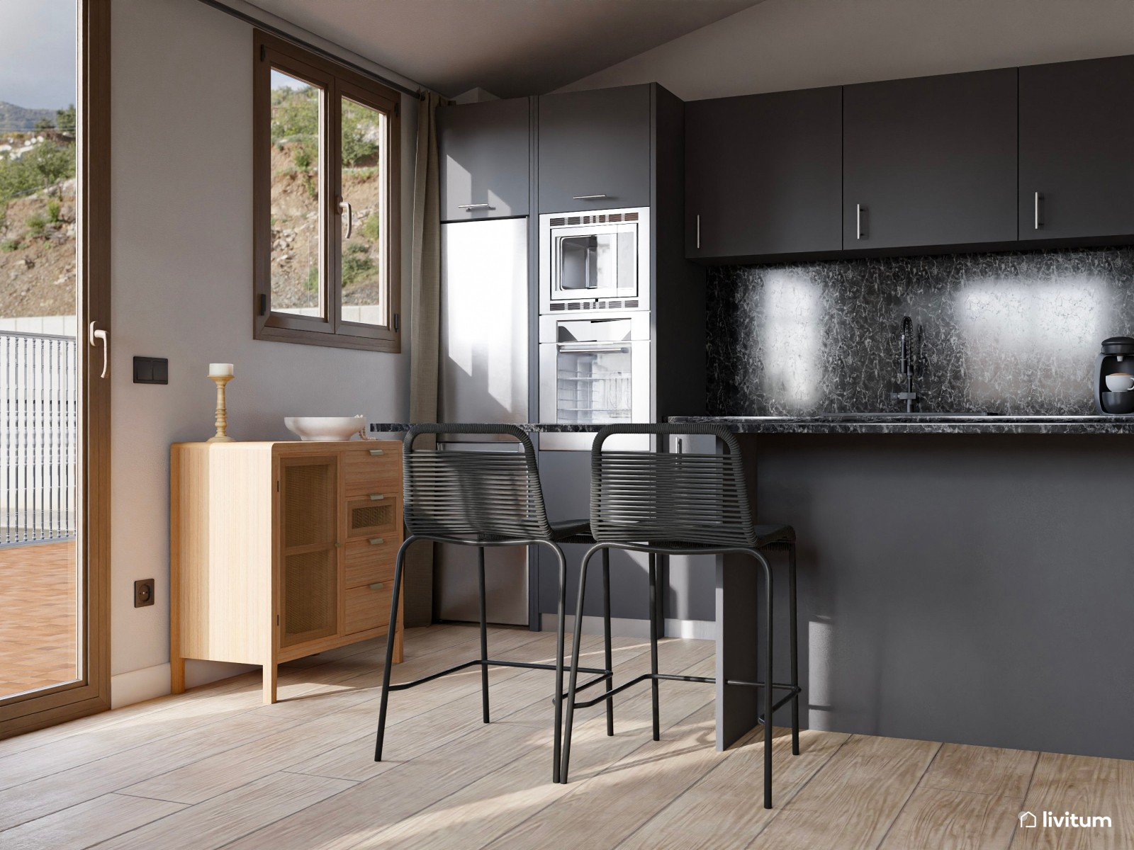 Salón comedor con cocina abierta negra de estilo industrial