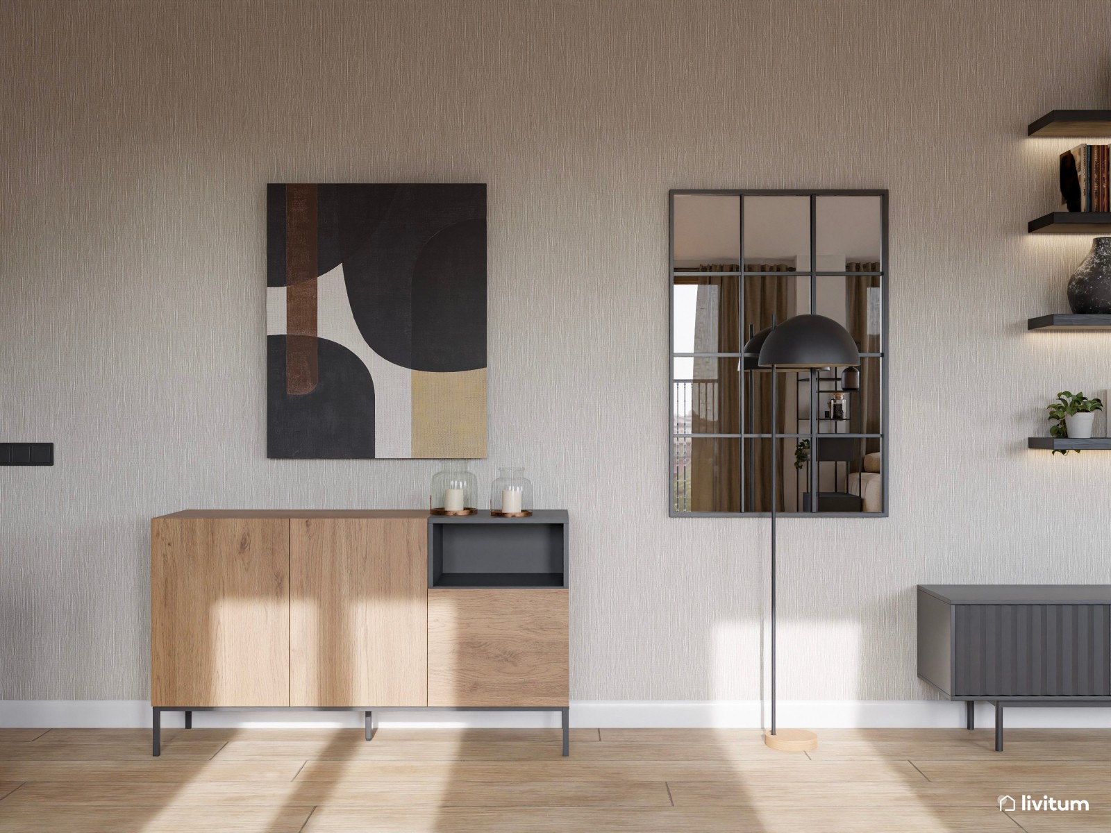 Salón comedor con cocina abierta negra de estilo industrial