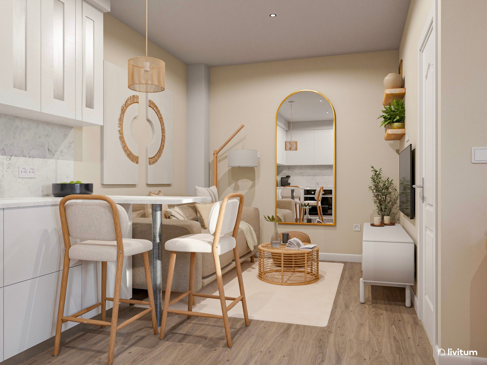 Salón comedor con cocina abierta, pequeño pero muy bien aprovechado