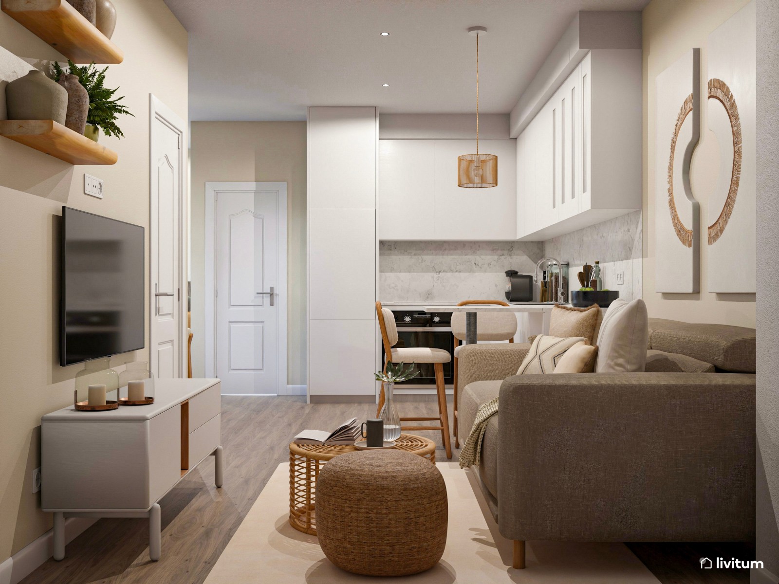 Salón comedor con cocina abierta, pequeño pero muy bien aprovechado