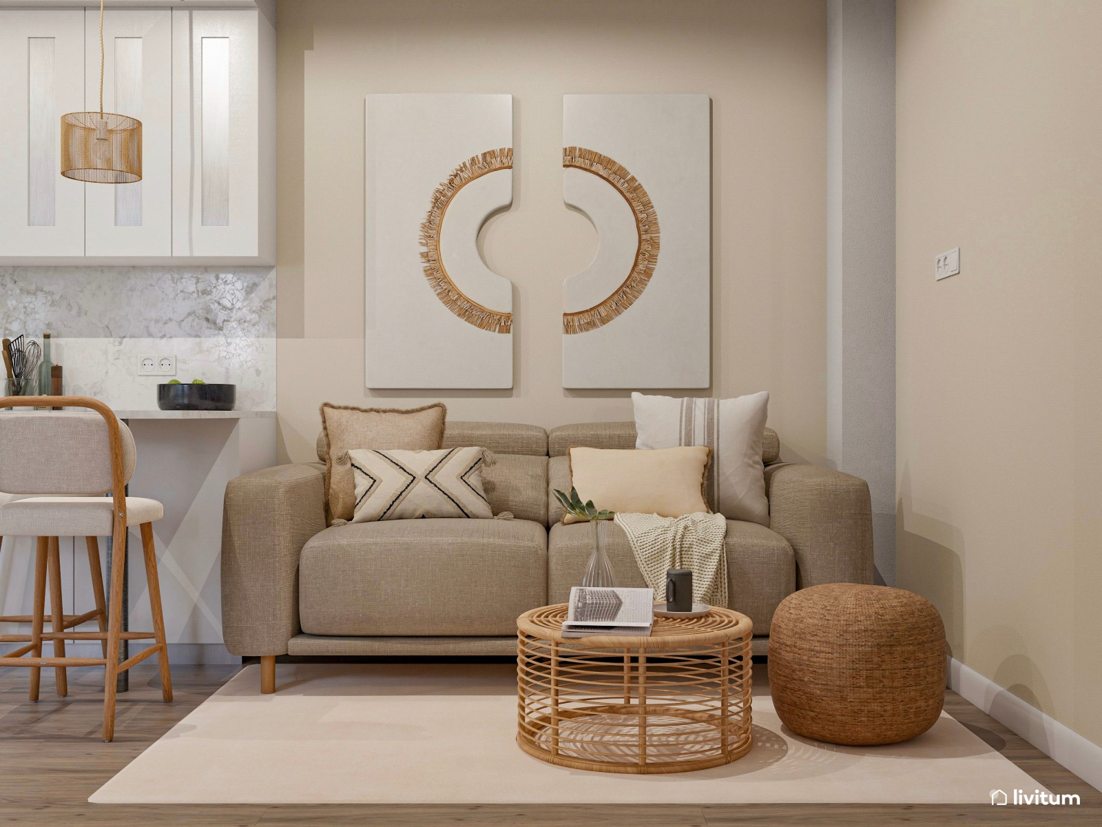 Salón comedor con cocina abierta, pequeño pero muy bien aprovechado