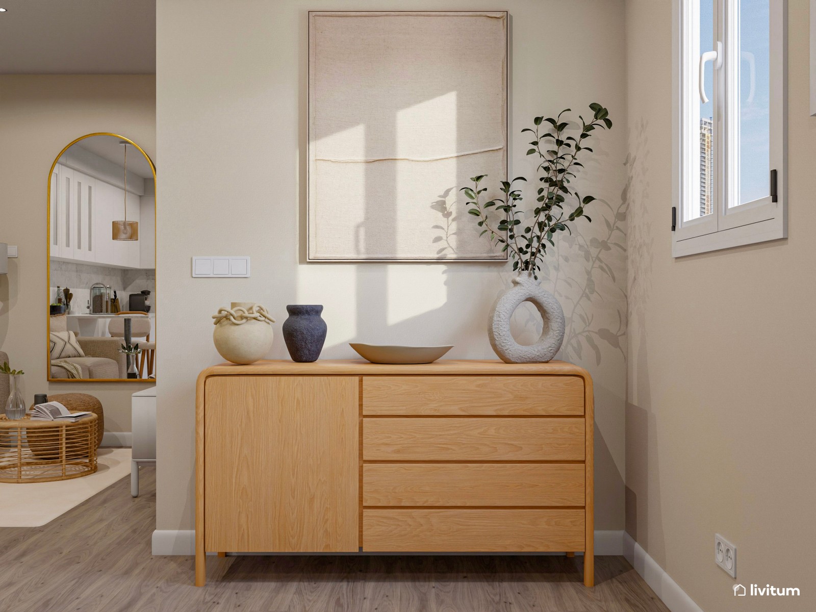 Salón comedor con cocina abierta, pequeño pero muy bien aprovechado