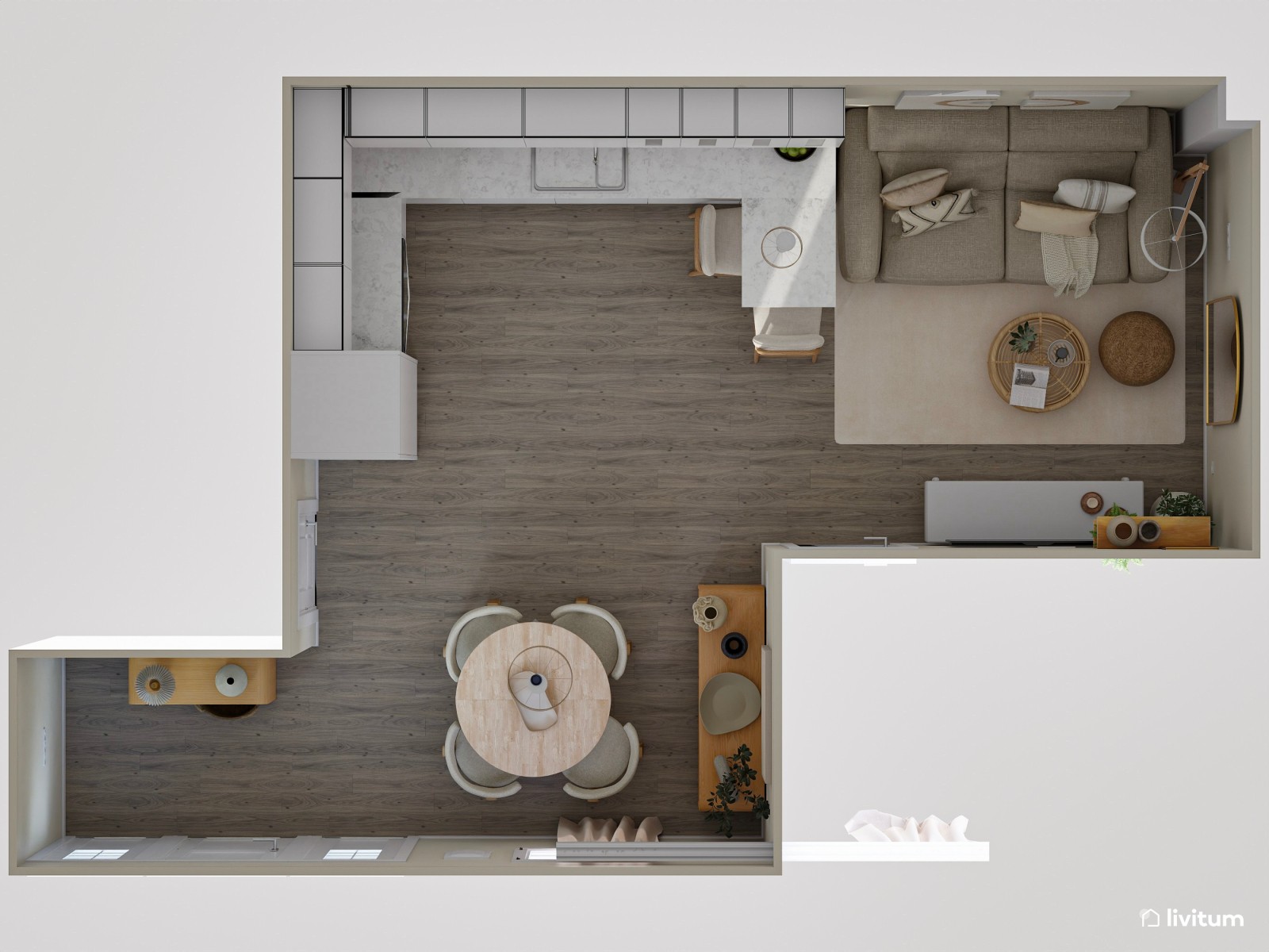 Salón comedor con cocina abierta, pequeño pero muy bien aprovechado