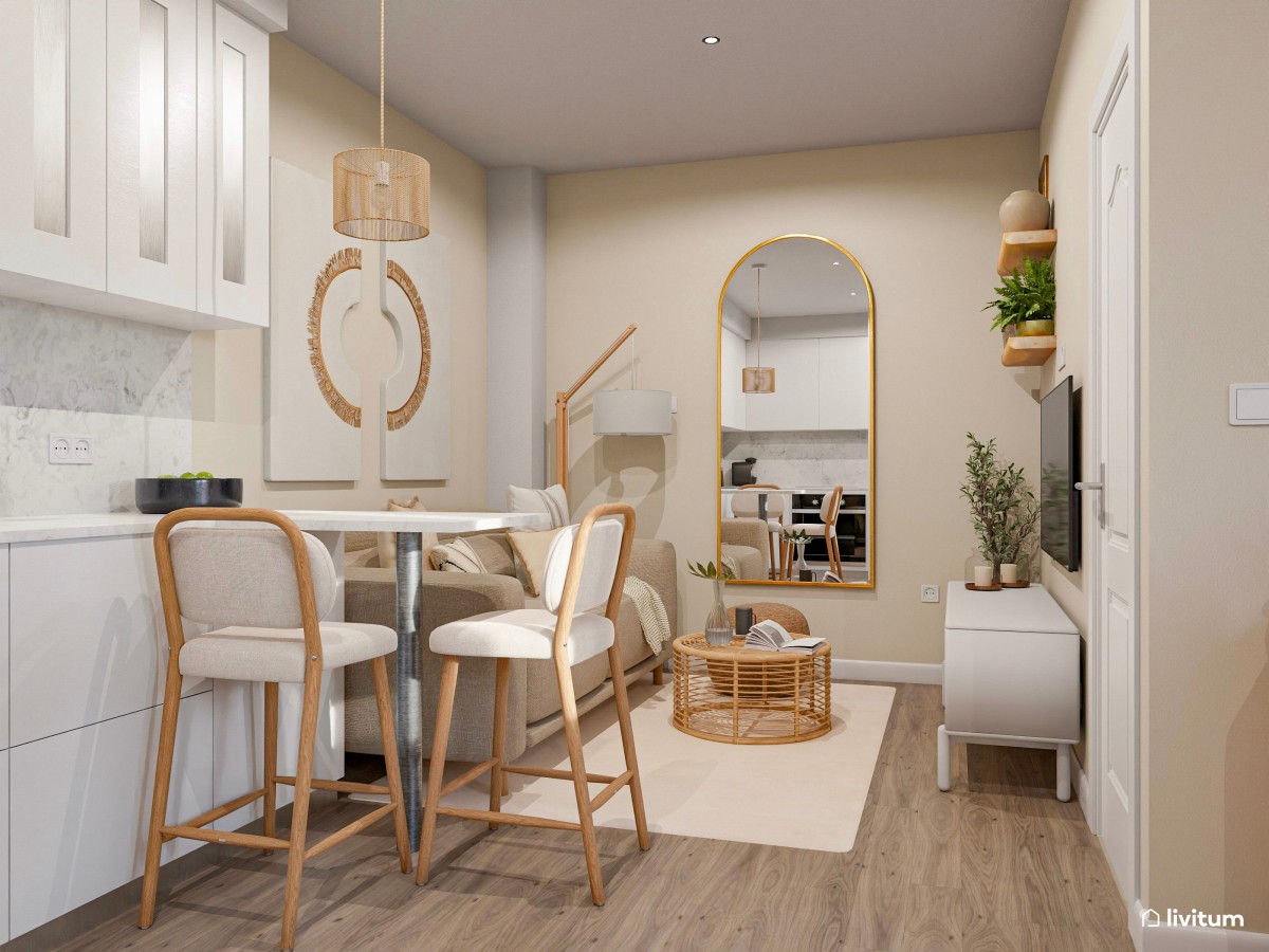 Salón comedor con cocina abierta, pequeño pero muy bien aprovechado