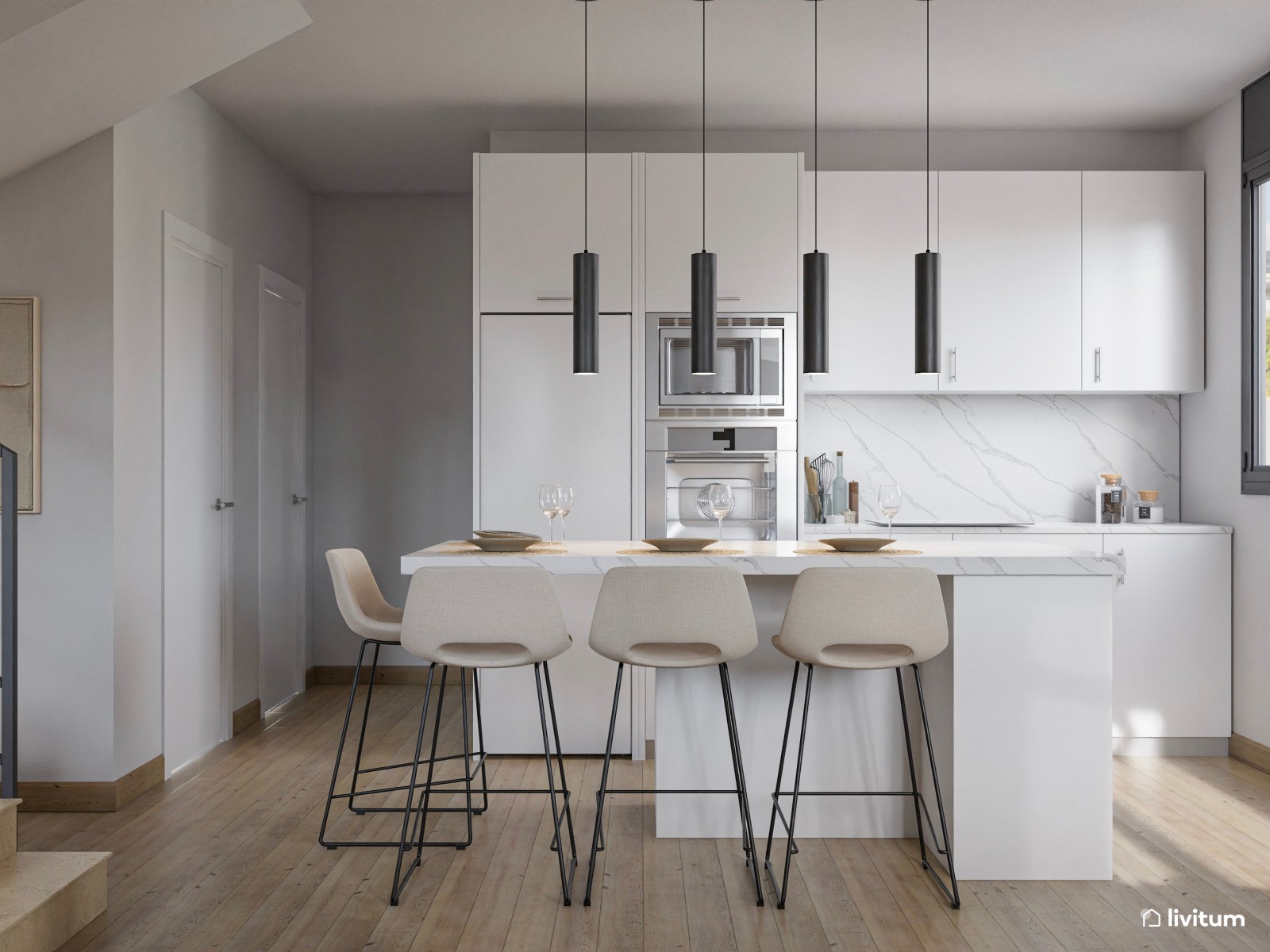 Salón comedor con cocina abierta y escalera en gris, beige y negro 