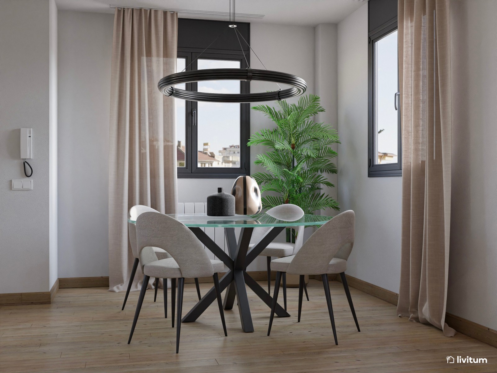 Salón comedor con cocina abierta y escalera en gris, beige y negro 