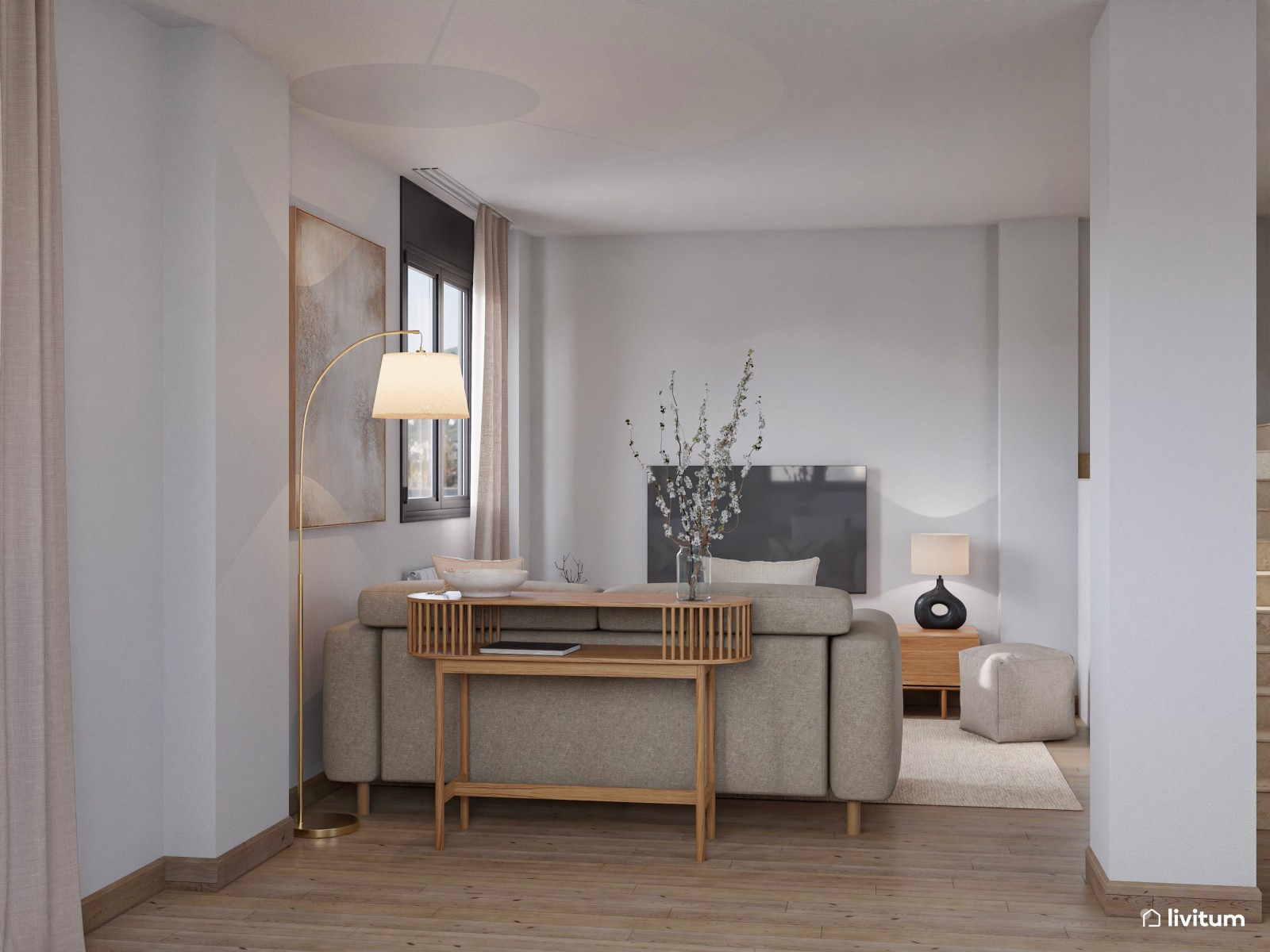Salón comedor con cocina abierta y escalera en gris, beige y negro 