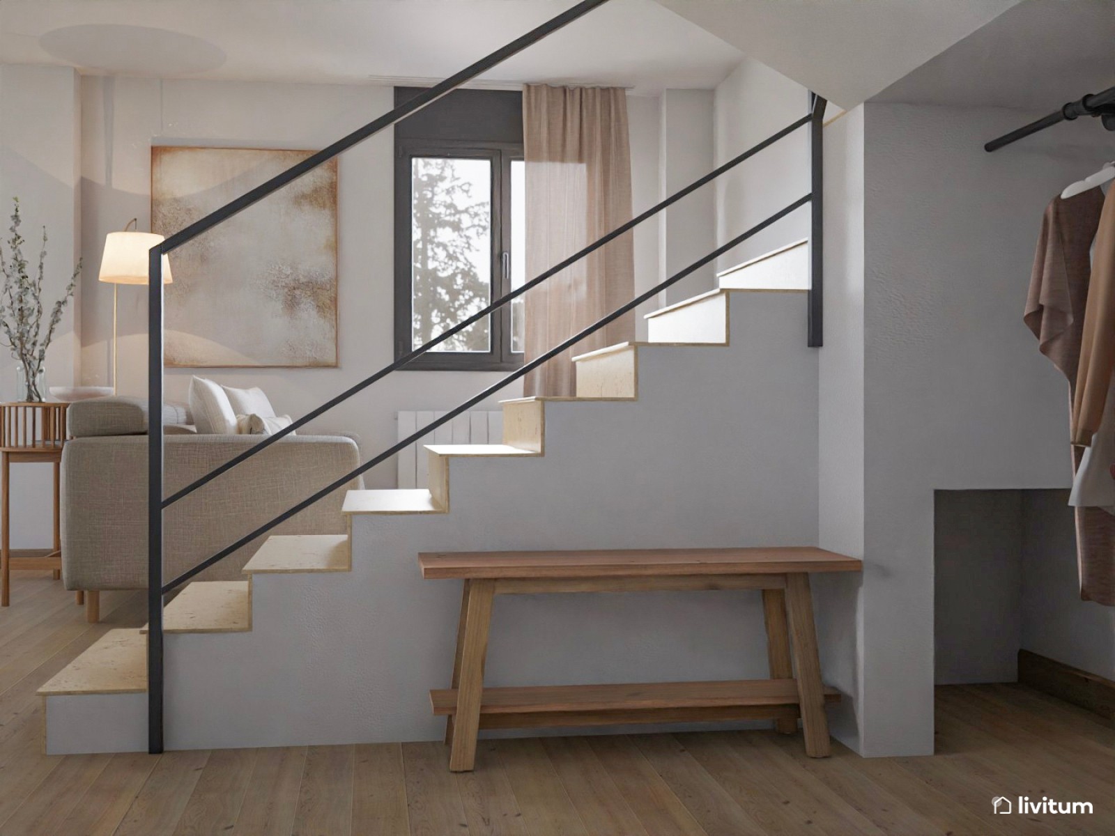 Salón comedor con cocina abierta y escalera en gris, beige y negro 