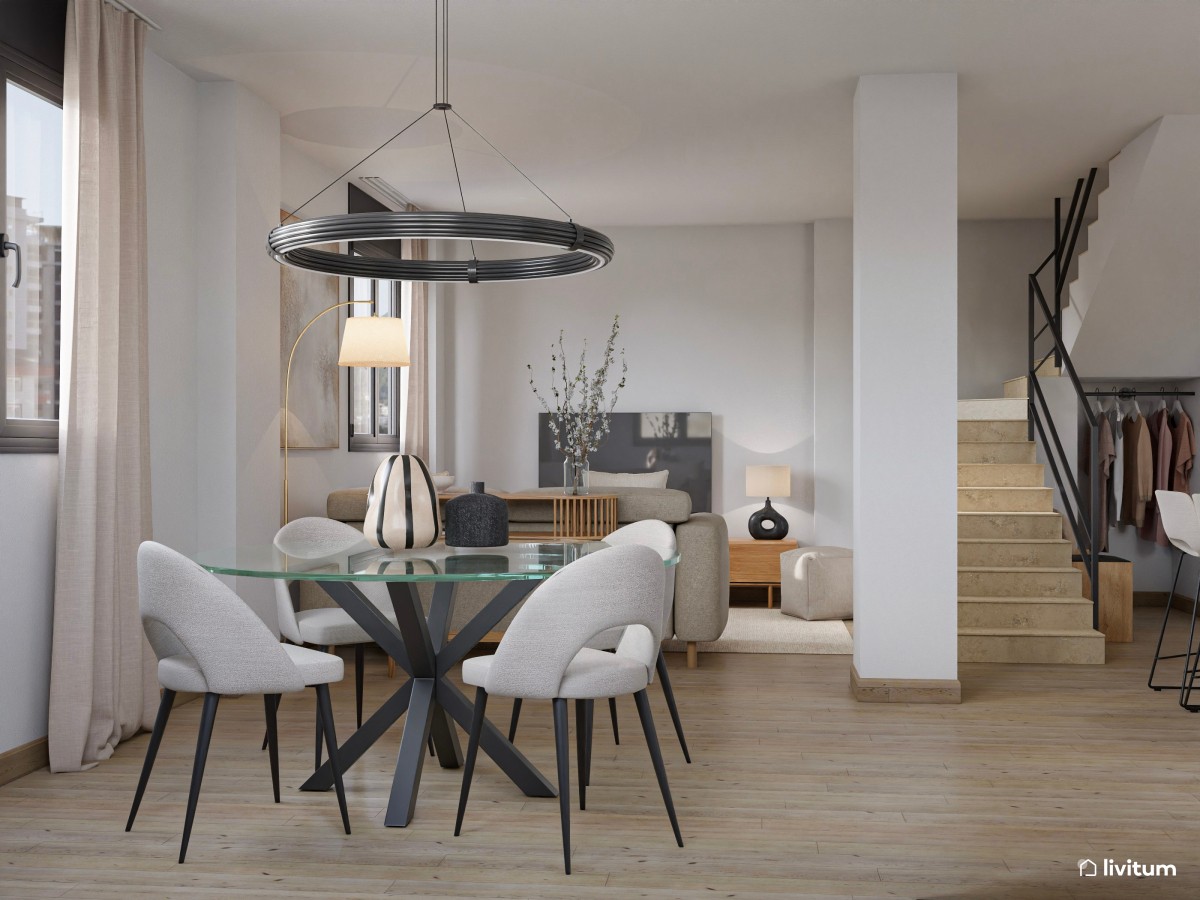 Salón comedor con cocina abierta y escalera en gris, beige y negro