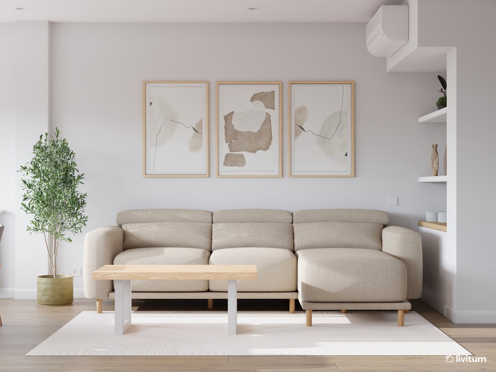 Salón comedor con cocina abierta y escritorio en blanco 