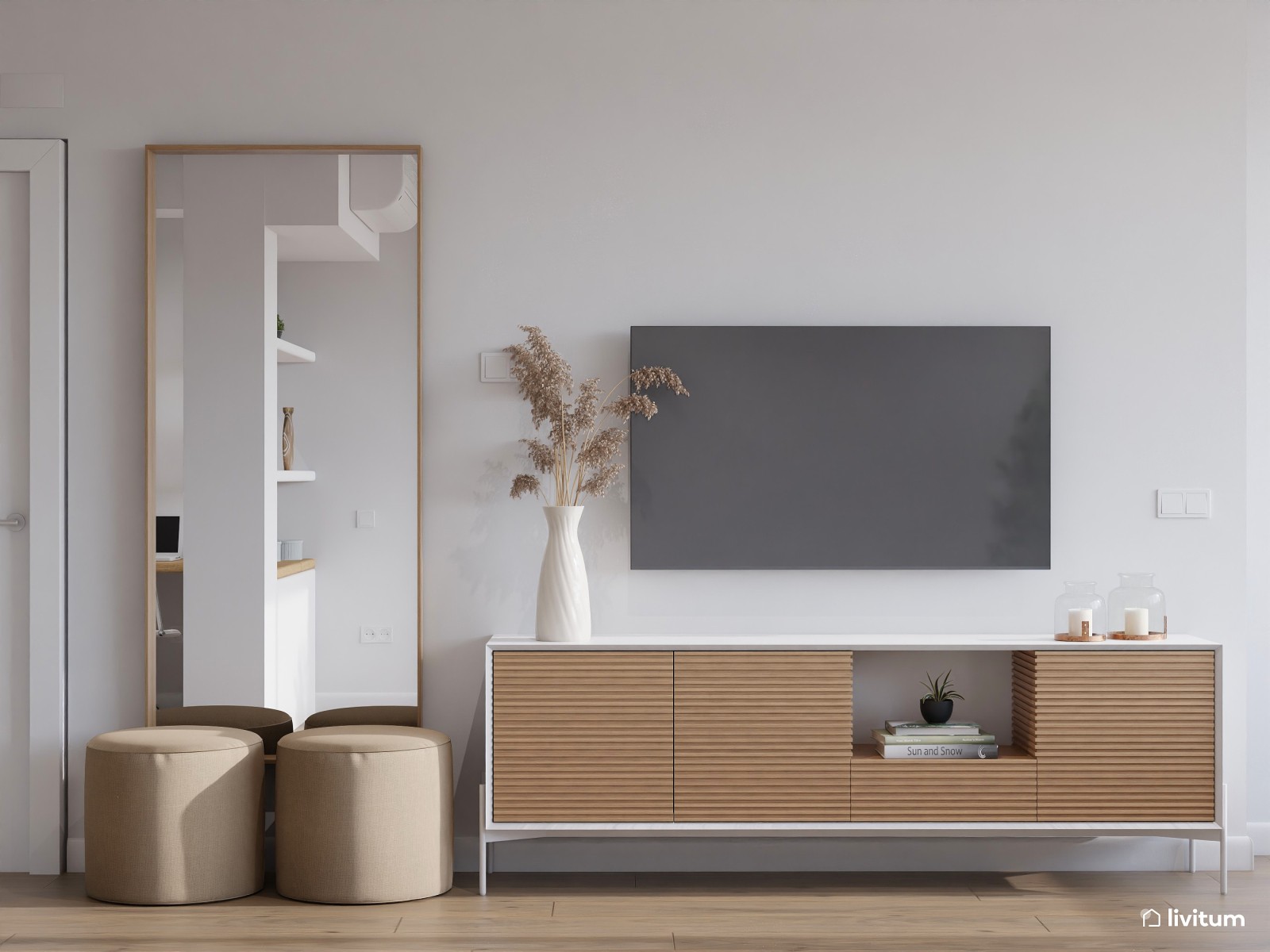 Salón comedor con cocina abierta y escritorio en blanco 