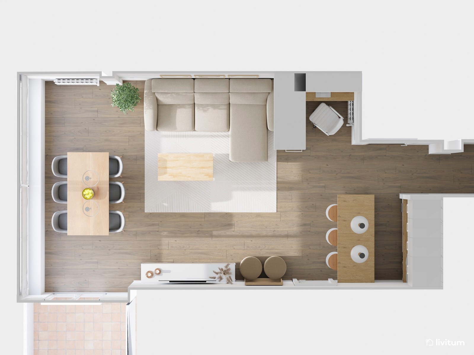 Salón comedor con cocina abierta y escritorio en blanco 