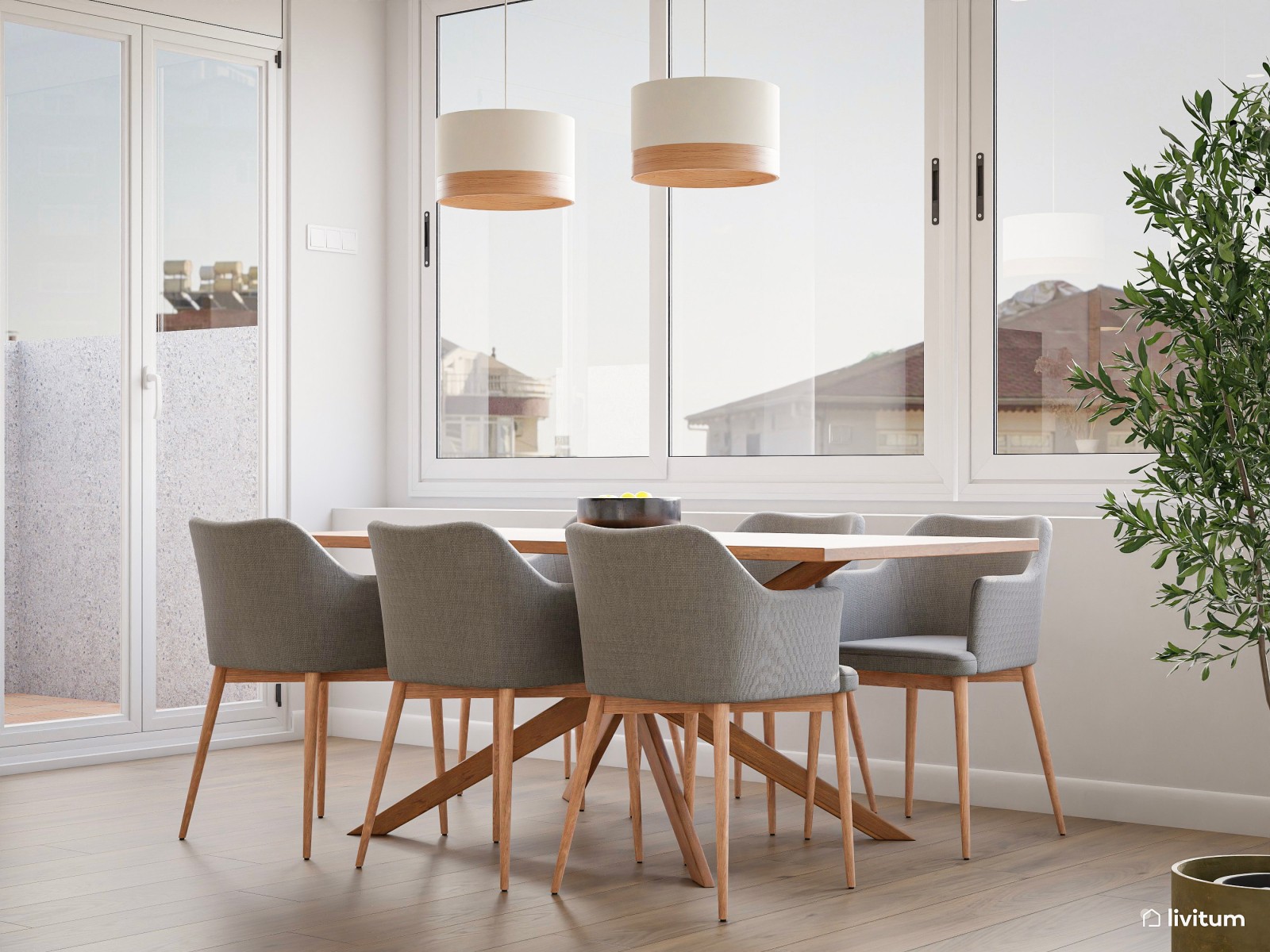 Salón comedor con cocina abierta y escritorio en blanco 