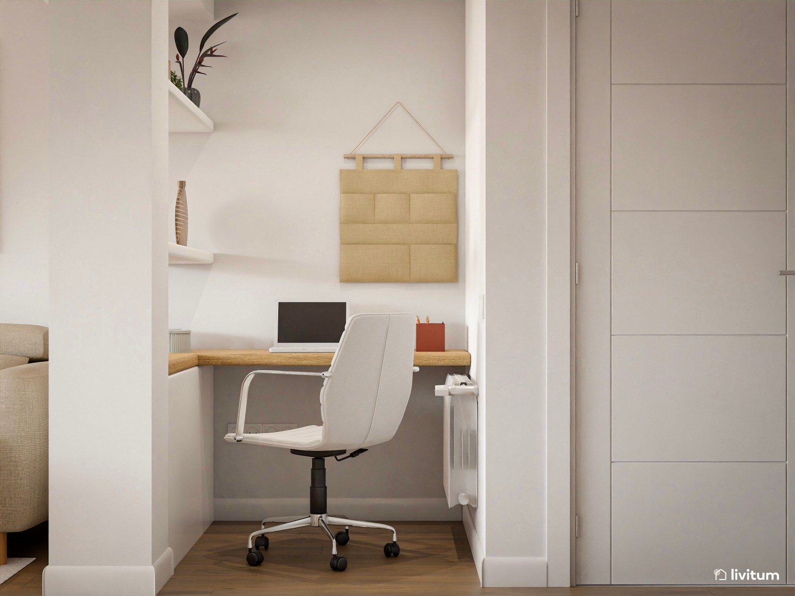 Salón comedor con cocina abierta y escritorio en blanco 