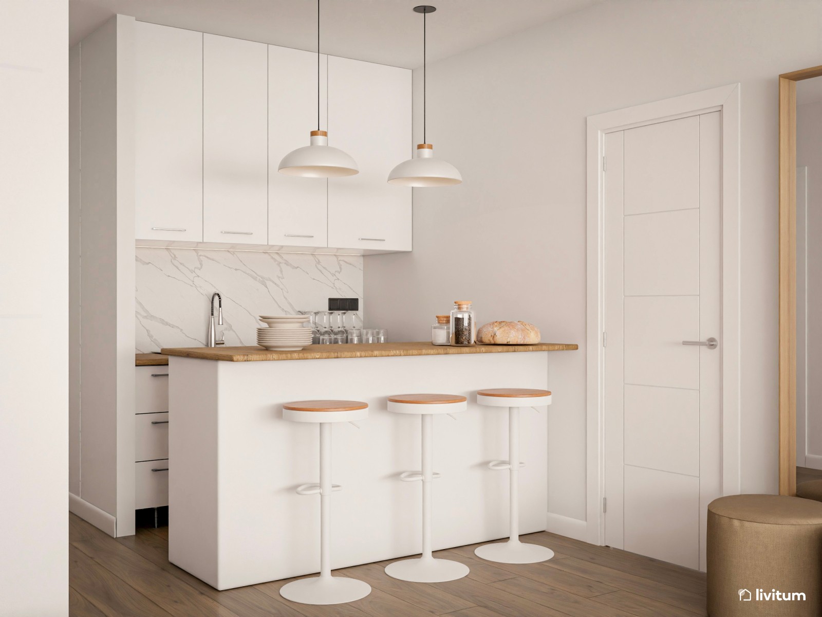 Salón comedor con cocina abierta y escritorio en blanco 