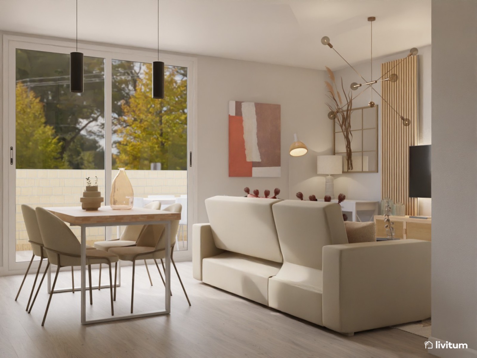 Salón comedor con cocina abierta y recibidor con detalles elegantes 