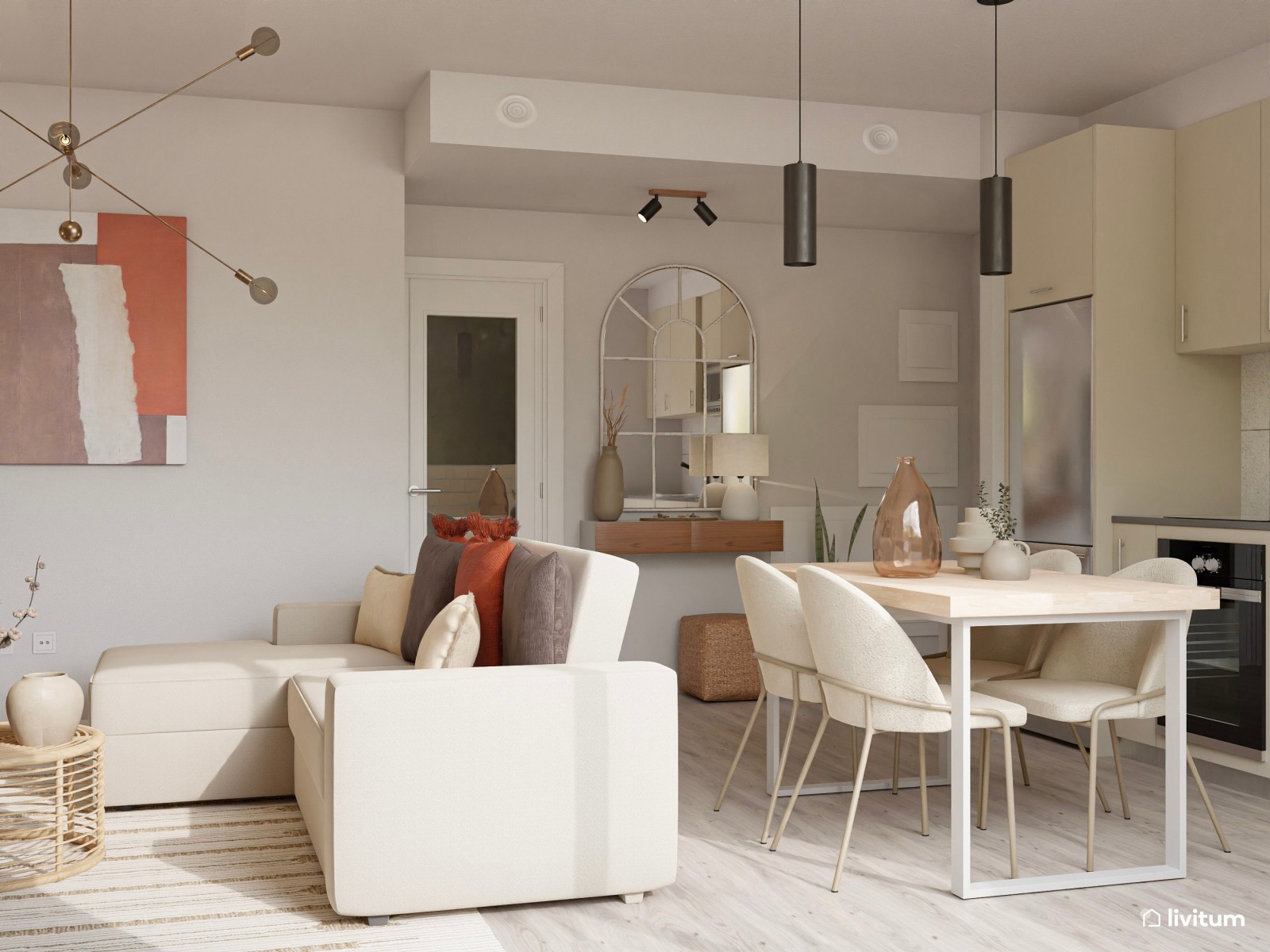 Salón comedor con cocina abierta y recibidor con detalles elegantes 