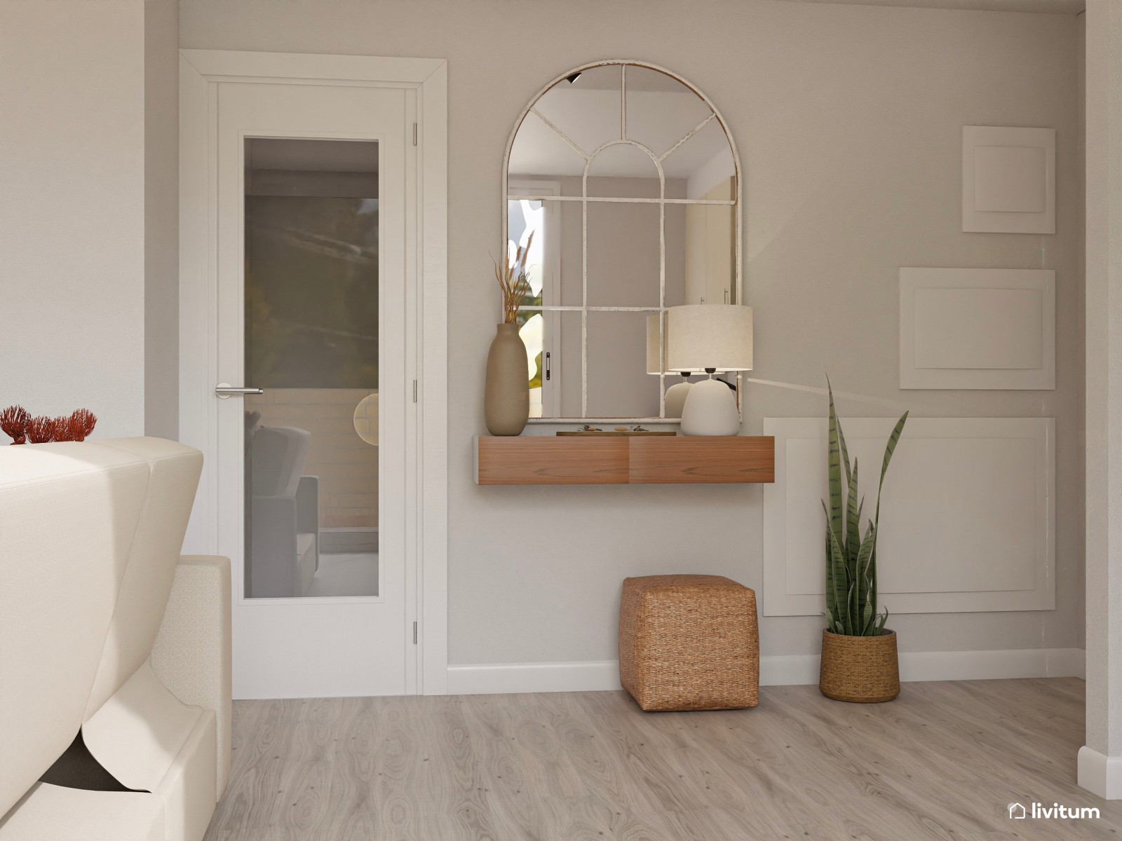 Salón comedor con cocina abierta y recibidor con detalles elegantes 