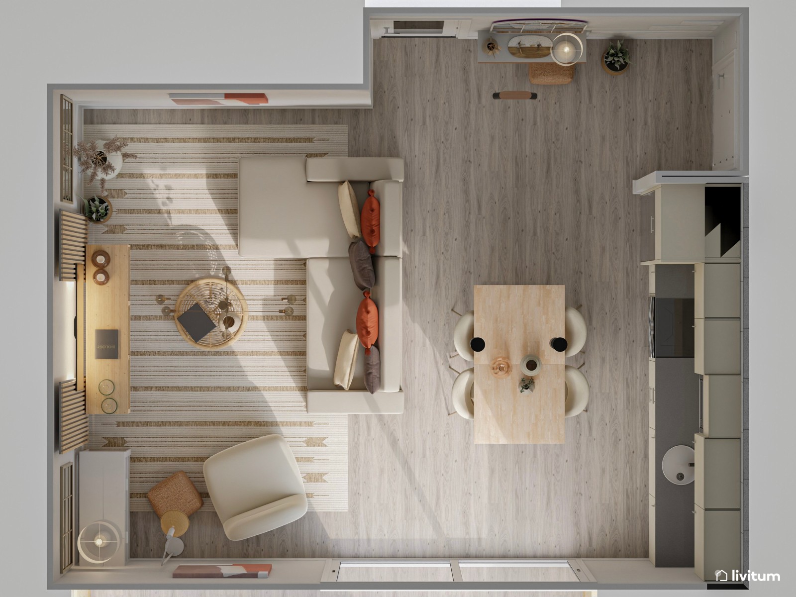 Salón comedor con cocina abierta y recibidor con detalles elegantes 