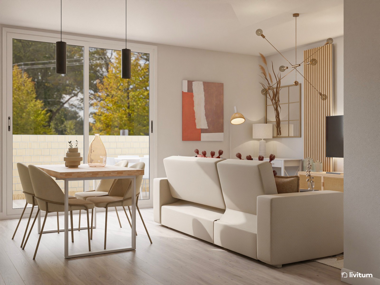 Salón comedor con cocina abierta y recibidor con detalles elegantes 