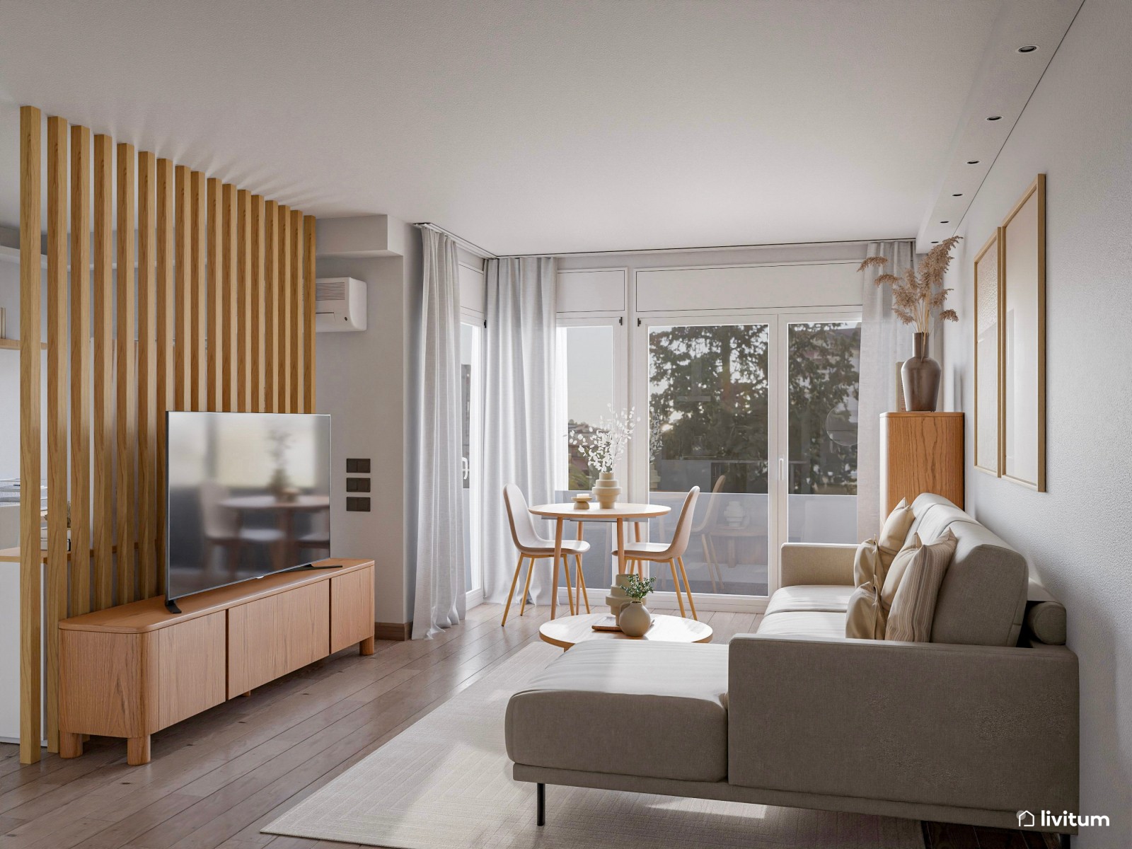 Salón comedor con cocina abierta y zona de despacho separada por listones de madera