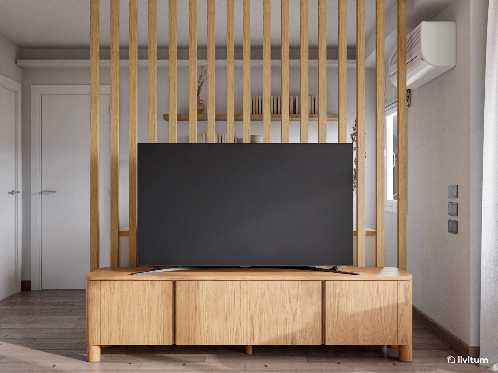 Salón comedor con cocina abierta y zona de despacho separada por listones de madera
